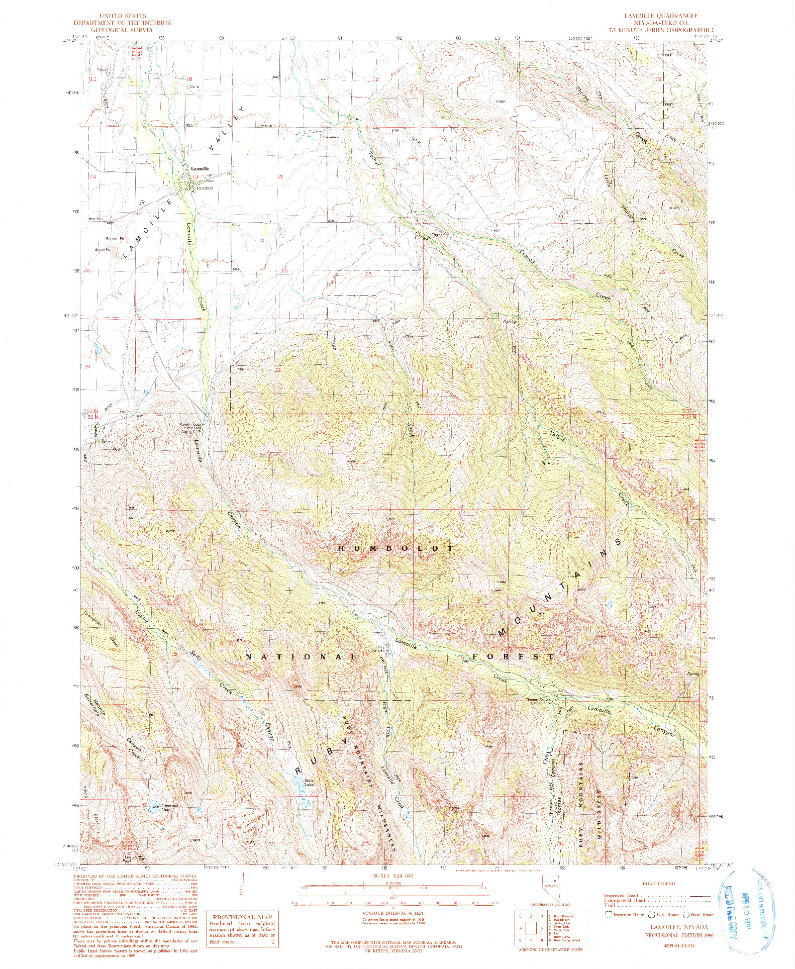 USGS 1:24000-SCALE QUADRANGLE FOR LAMOILLE, NV 1990