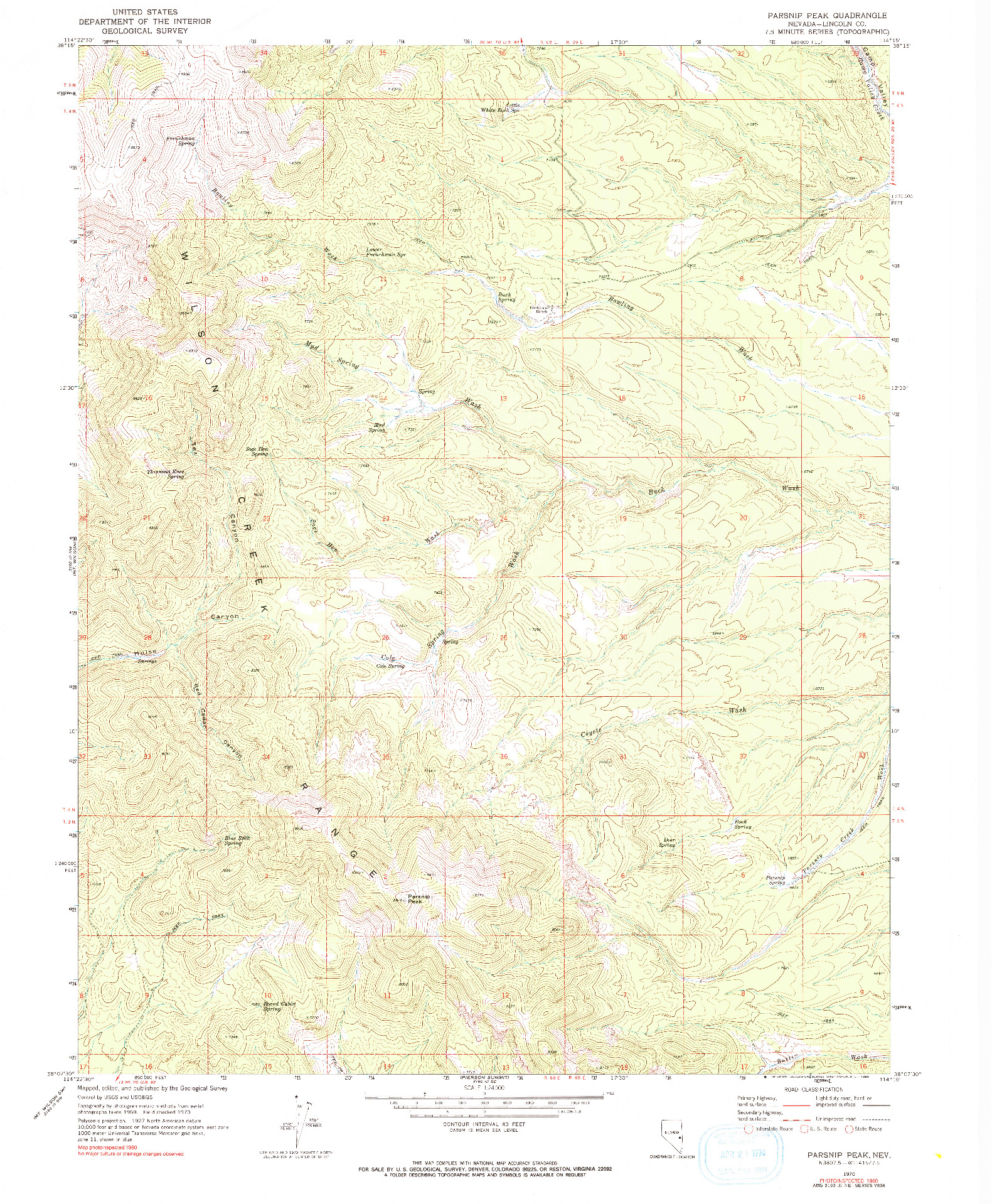 USGS 1:24000-SCALE QUADRANGLE FOR PARSNIP PEAK, NV 1970
