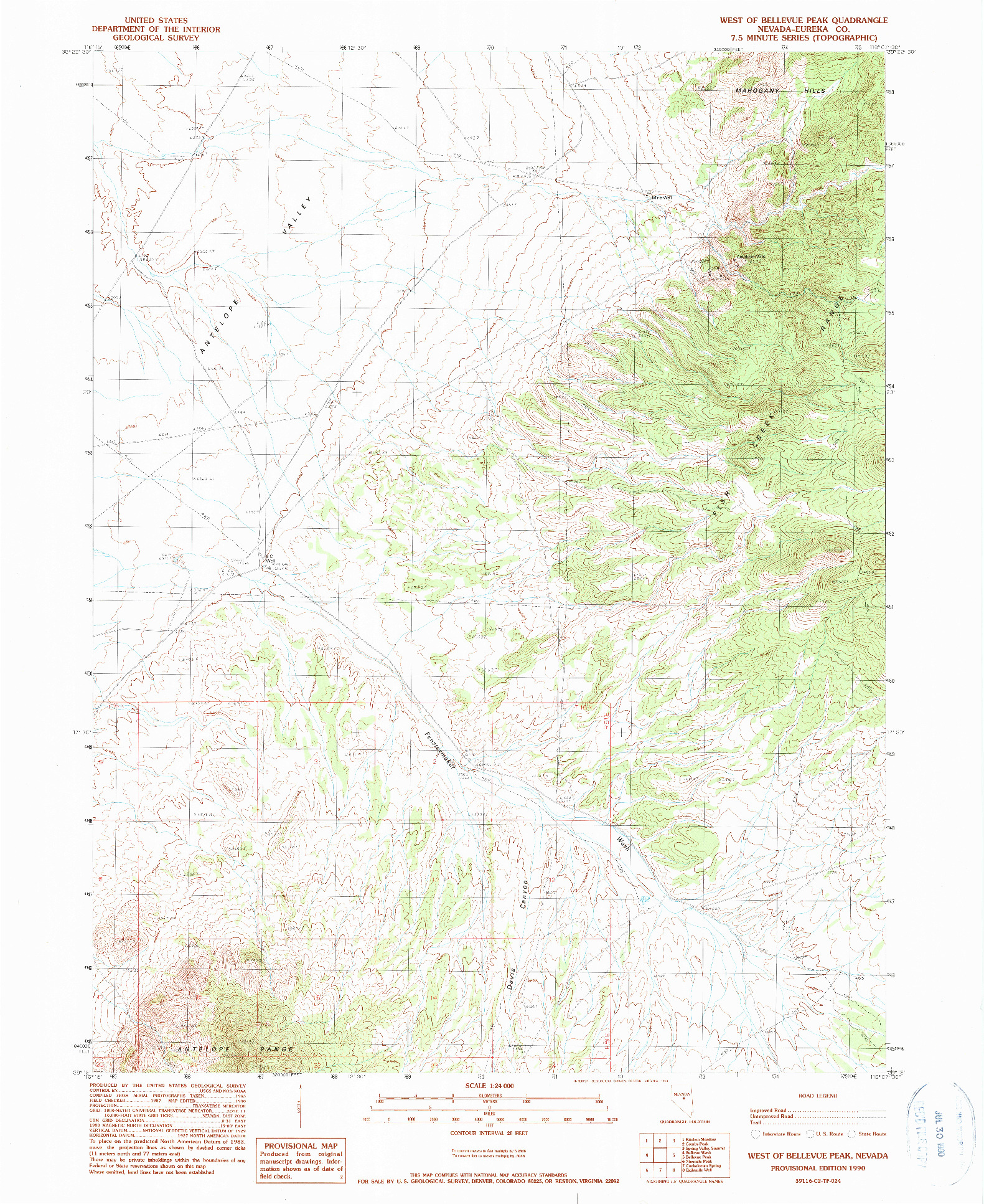 USGS 1:24000-SCALE QUADRANGLE FOR WEST OF BELLEVUE PEAK, NV 1990