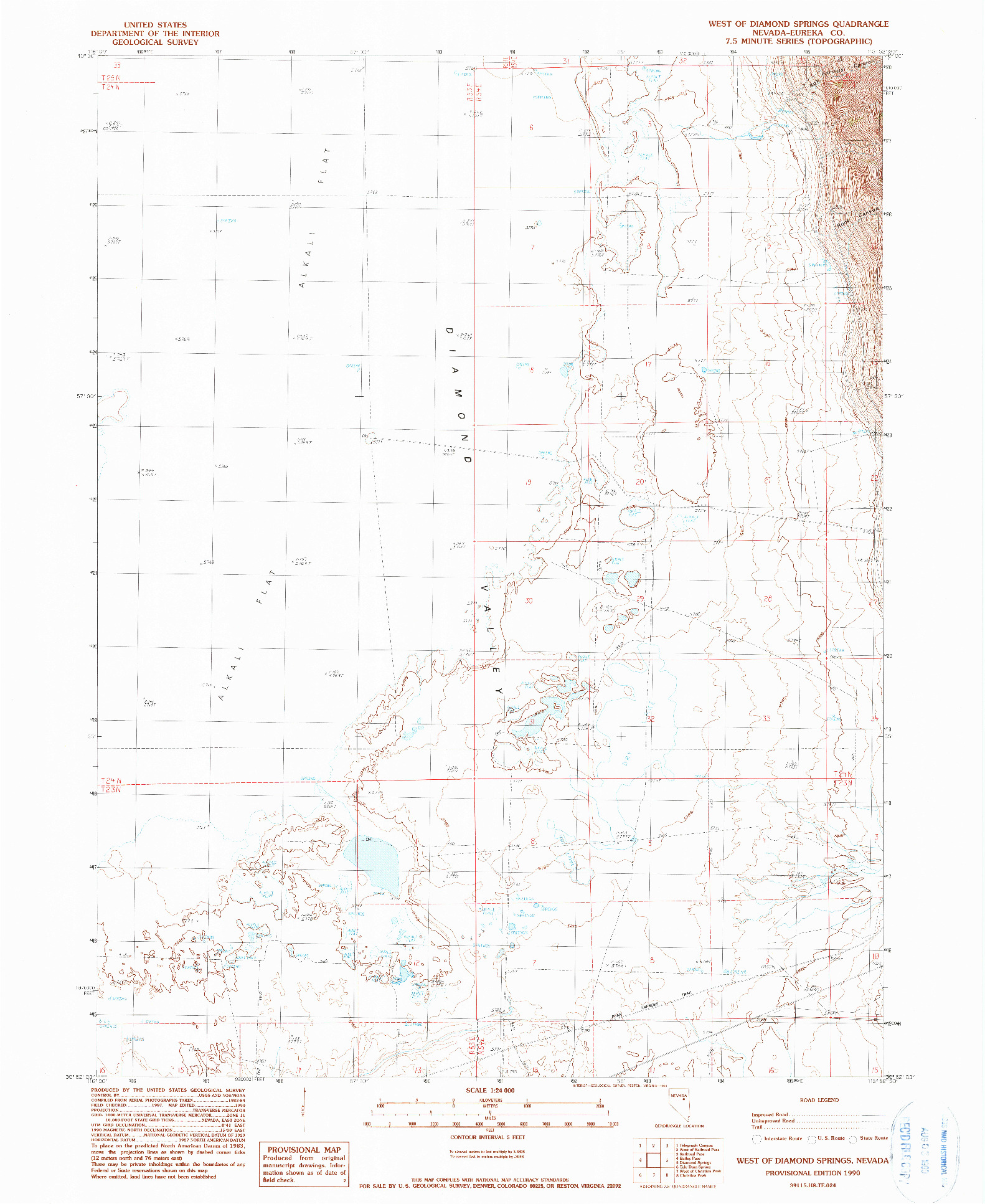 USGS 1:24000-SCALE QUADRANGLE FOR WEST OF DIAMOND SPRINGS, NV 1990