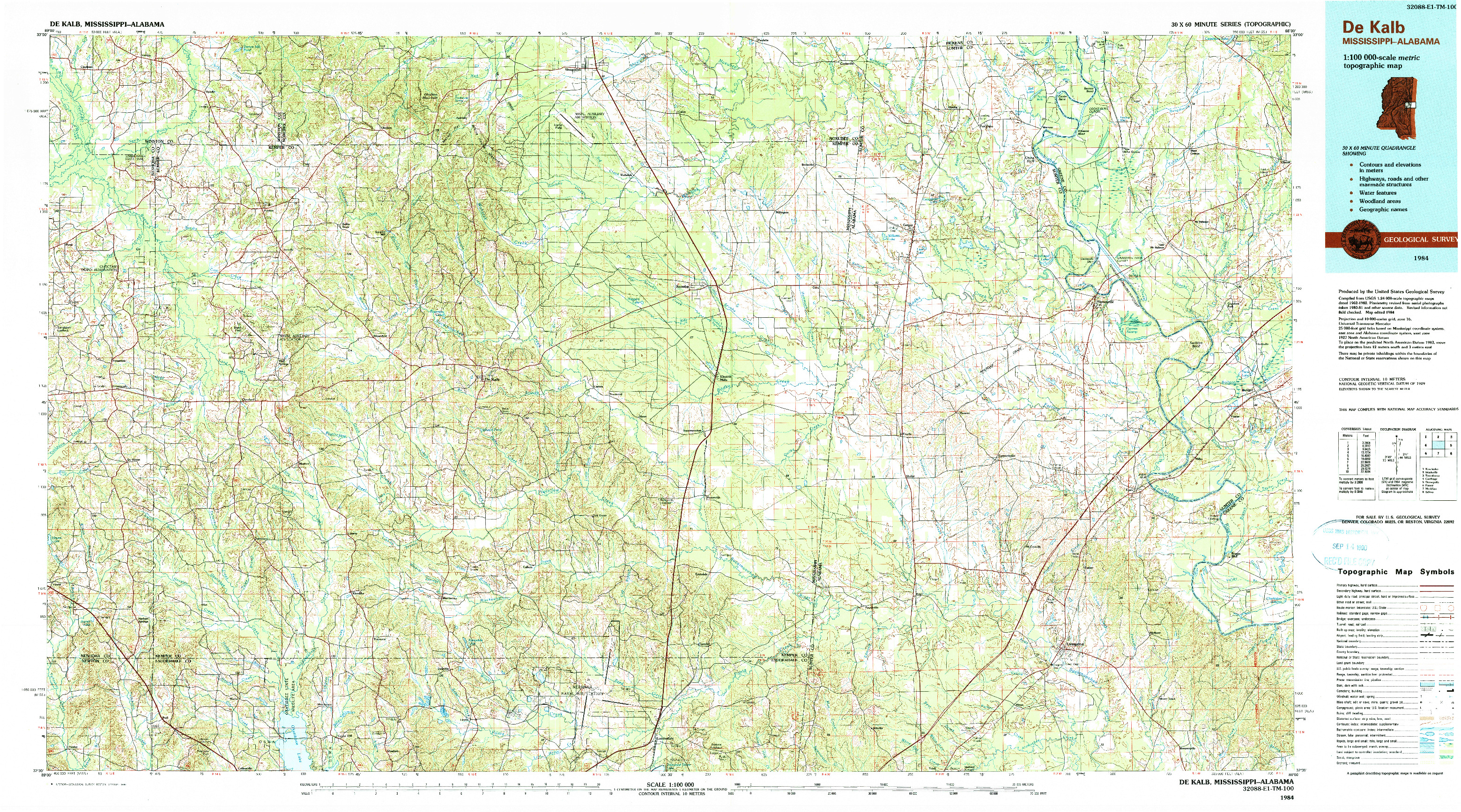 USGS 1:100000-SCALE QUADRANGLE FOR DE KALB, MS 1984