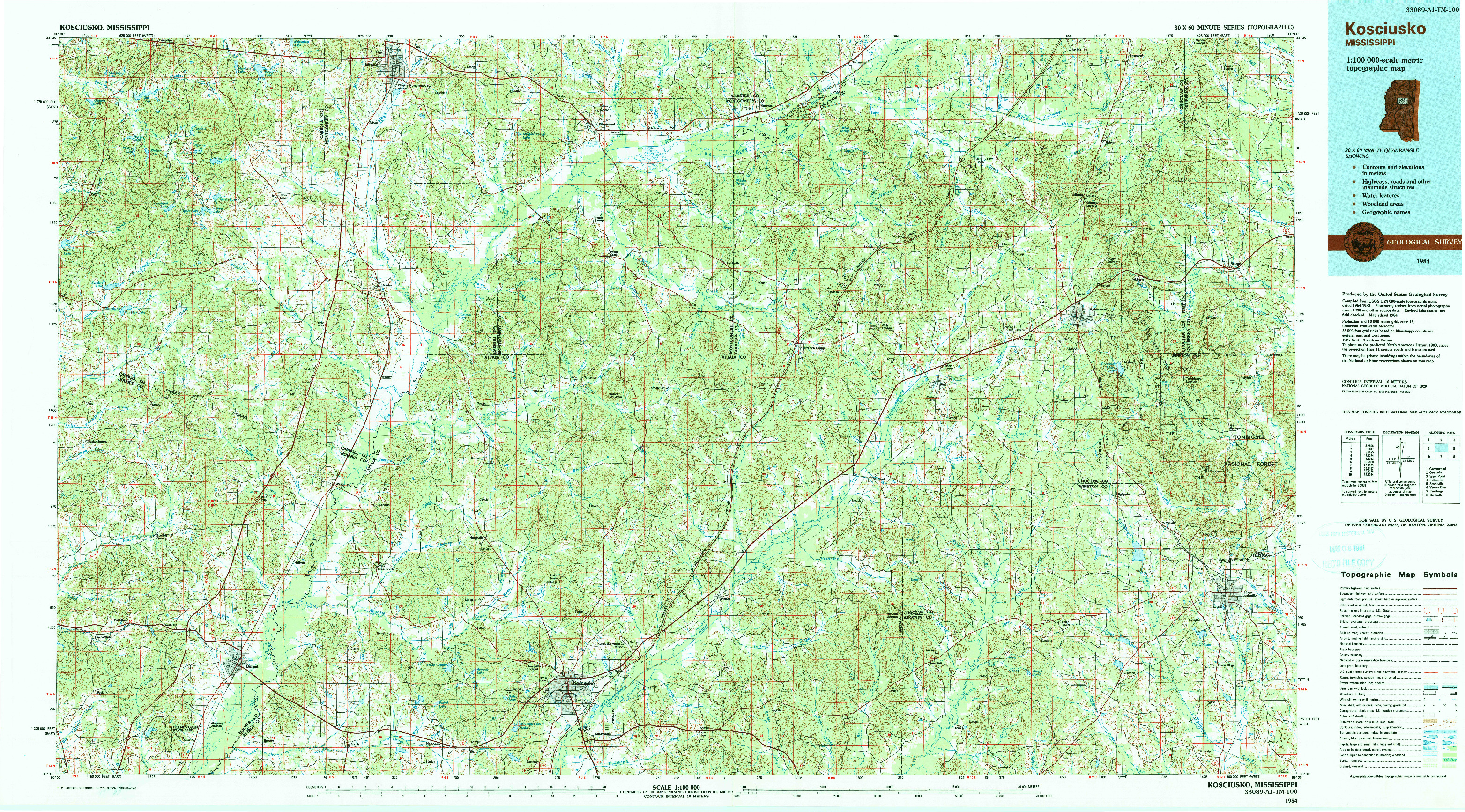 USGS 1:100000-SCALE QUADRANGLE FOR KOSCIUSKO, MS 1984