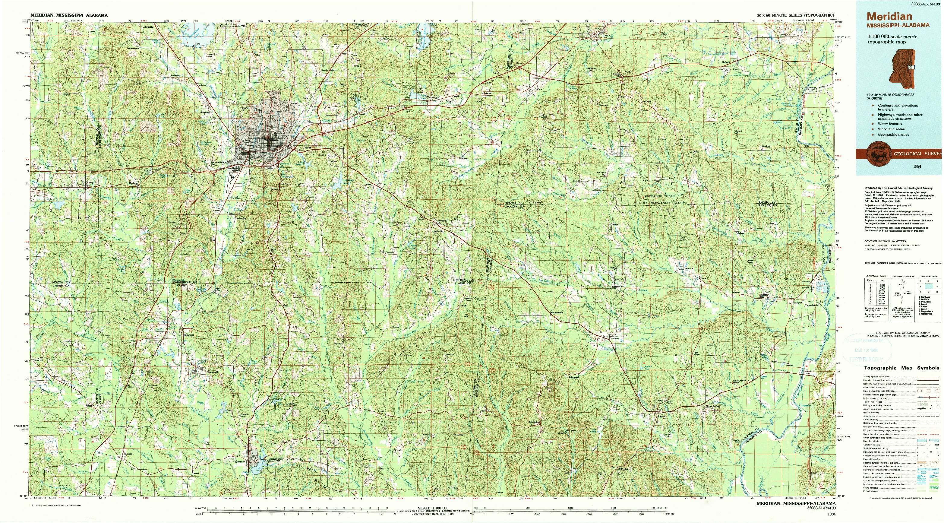 USGS 1:100000-SCALE QUADRANGLE FOR MERIDIAN, MS 1984