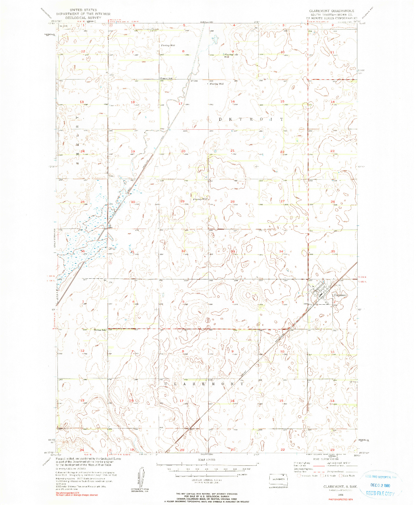 USGS 1:24000-SCALE QUADRANGLE FOR CLAREMONT, SD 1956