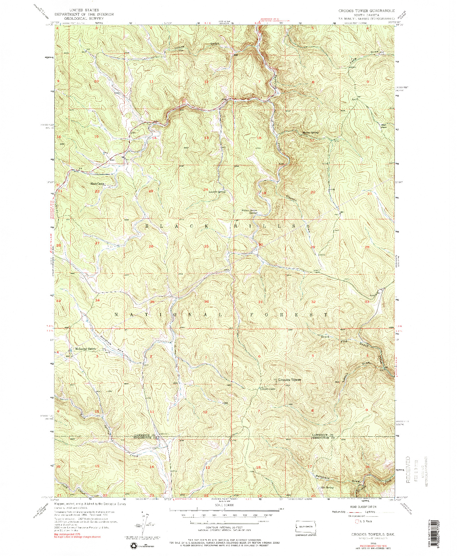 USGS 1:24000-SCALE QUADRANGLE FOR CROOKS TOWER, SD 1956