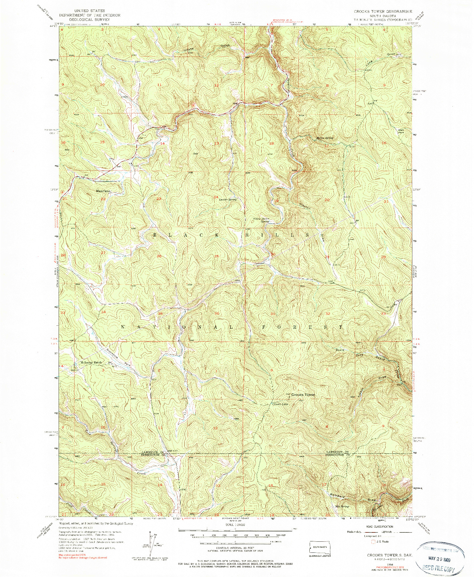 USGS 1:24000-SCALE QUADRANGLE FOR CROOKS TOWER, SD 1956