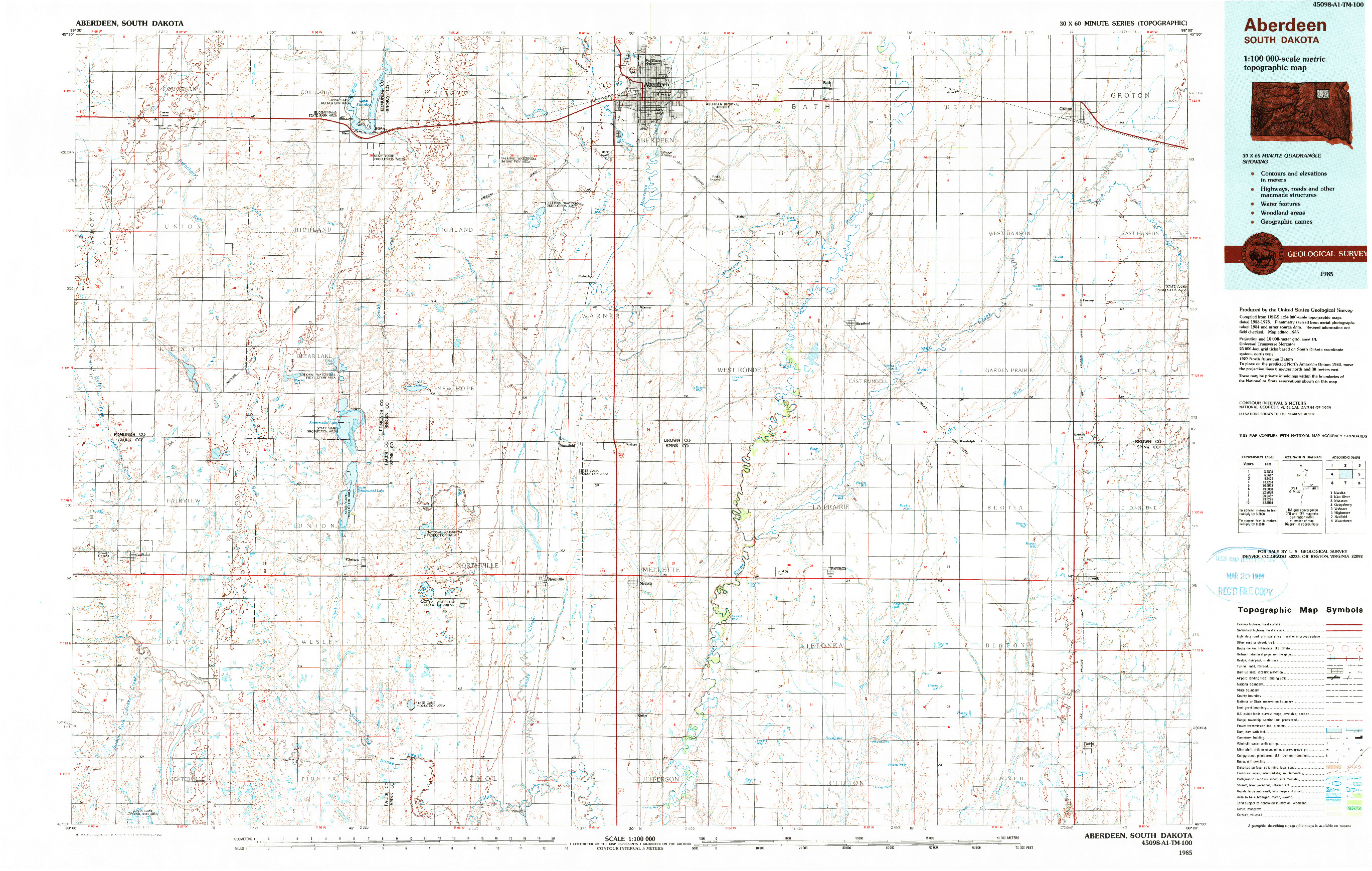 USGS 1:100000-SCALE QUADRANGLE FOR ABERDEEN, SD 1985