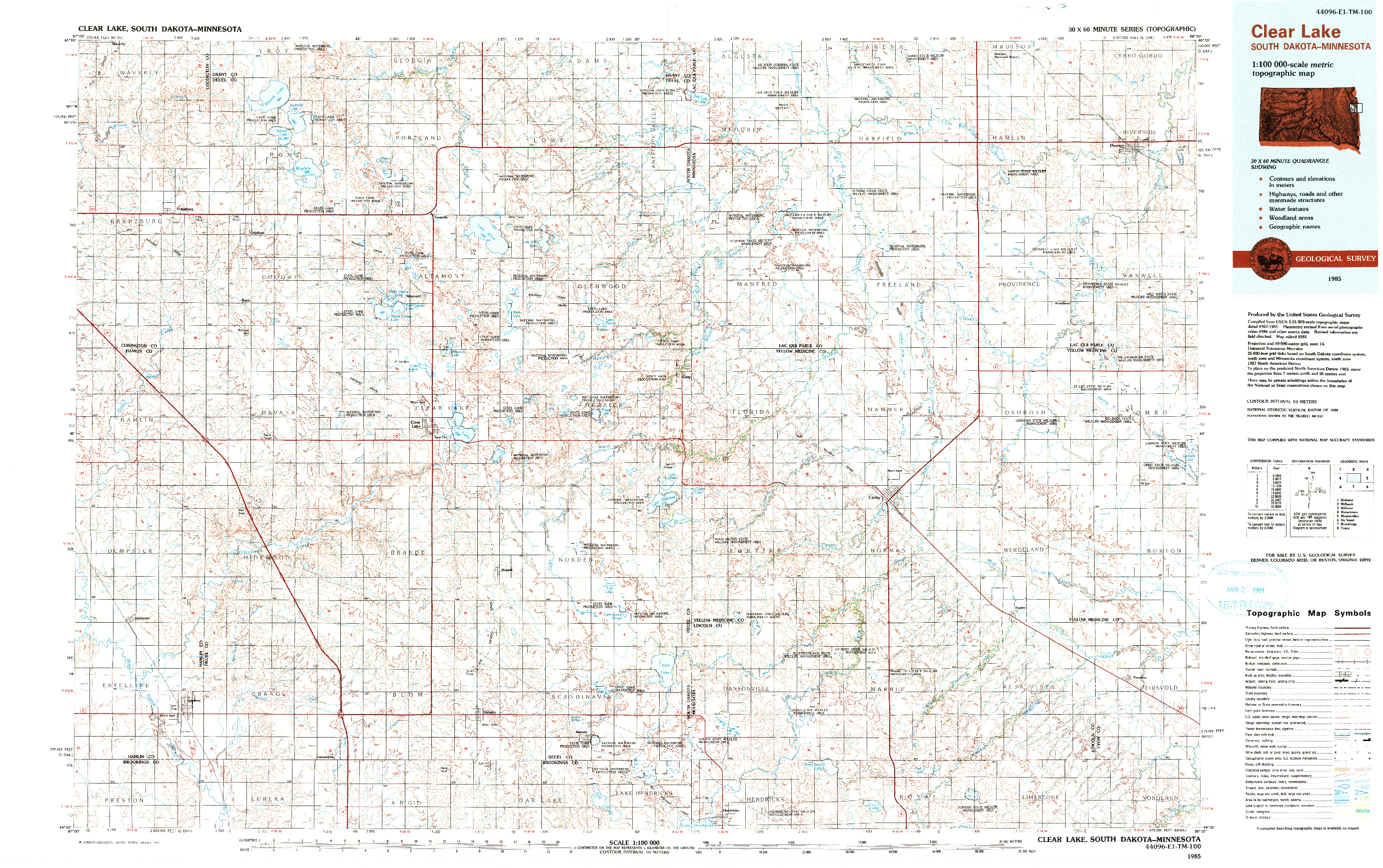 USGS 1:100000-SCALE QUADRANGLE FOR CLEAR LAKE, SD 1985