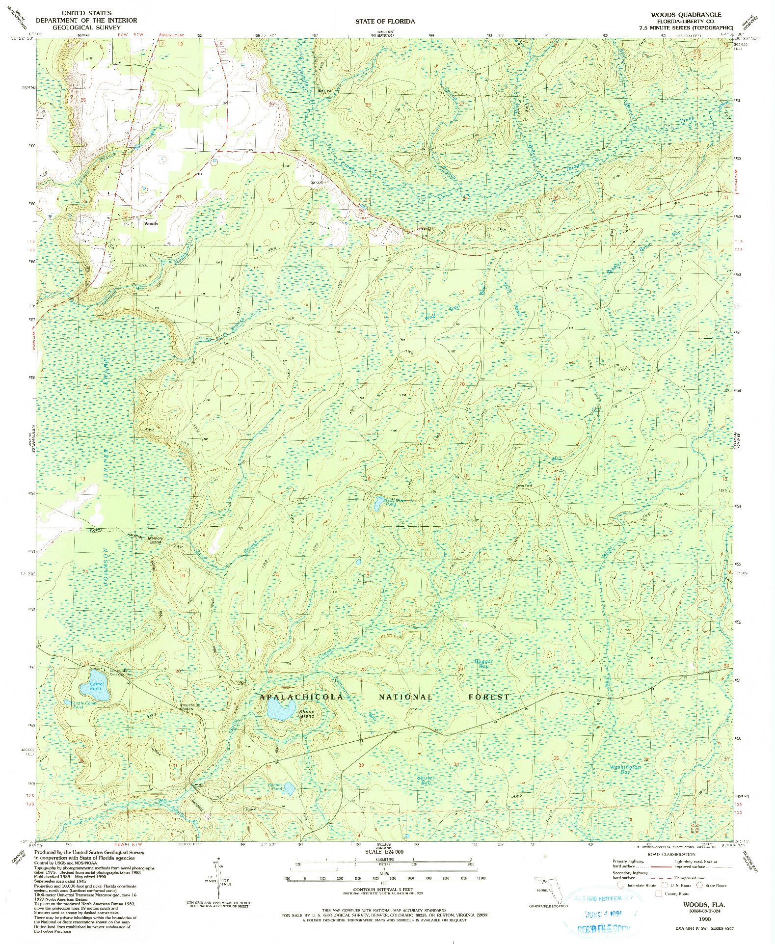 USGS 1:24000-SCALE QUADRANGLE FOR WOODS, FL 1990