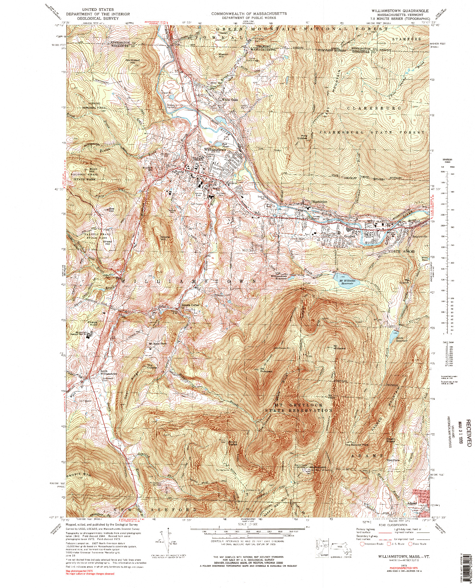 USGS 1:24000-SCALE QUADRANGLE FOR WILLIAMSTOWN, MA 1973