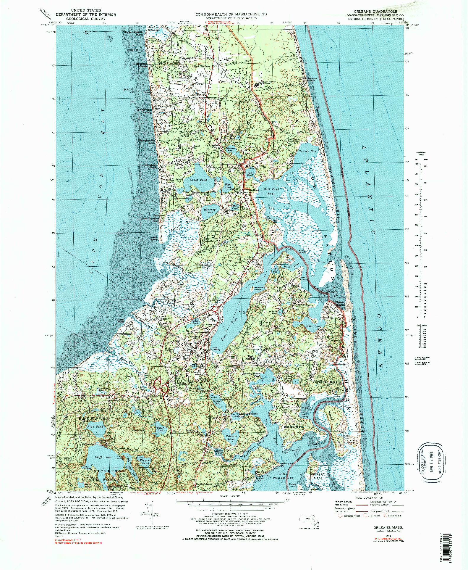 USGS 1:25000-SCALE QUADRANGLE FOR ORLEANS, MA 1974