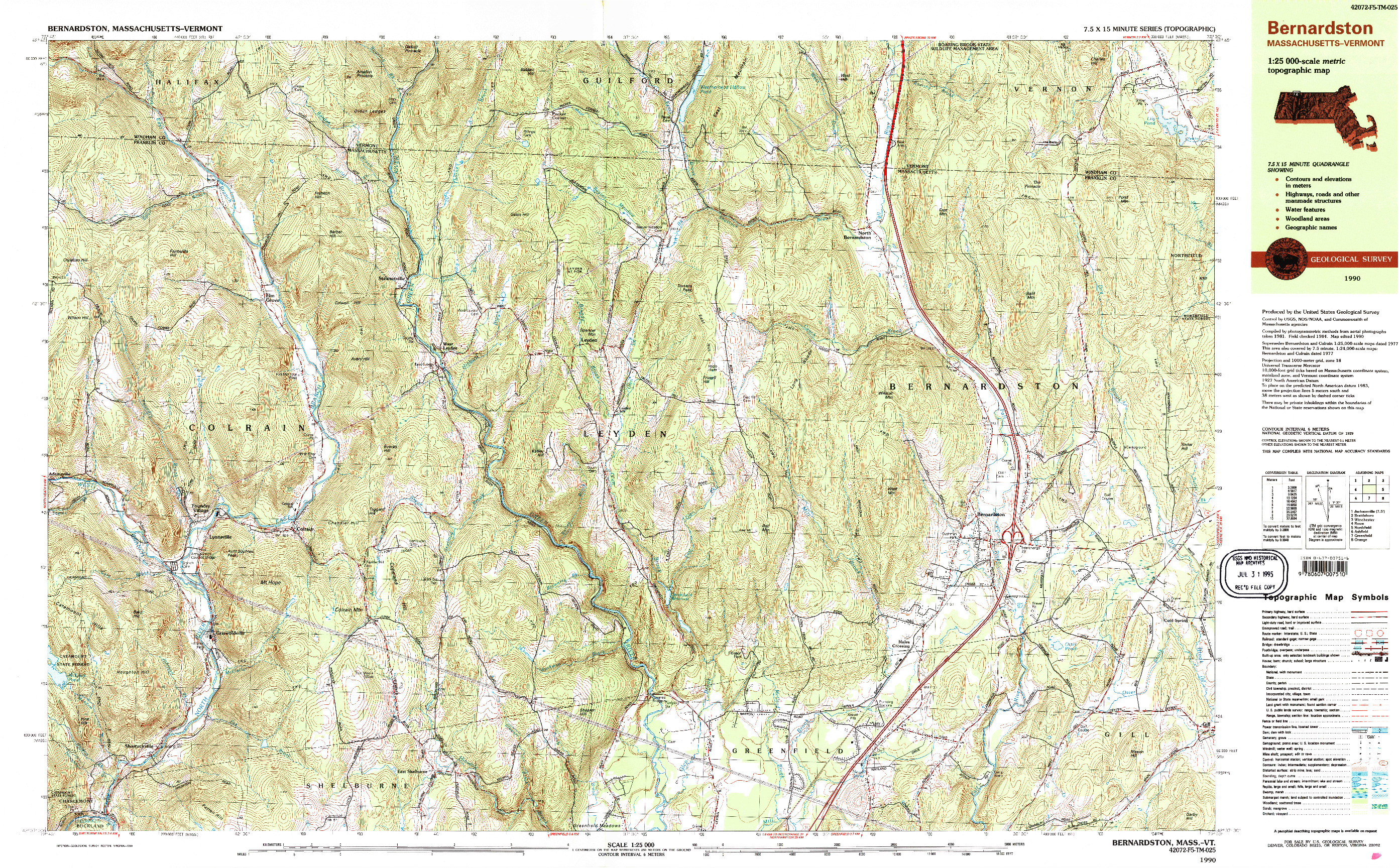 USGS 1:25000-SCALE QUADRANGLE FOR BERNARDSTON, MA 1990