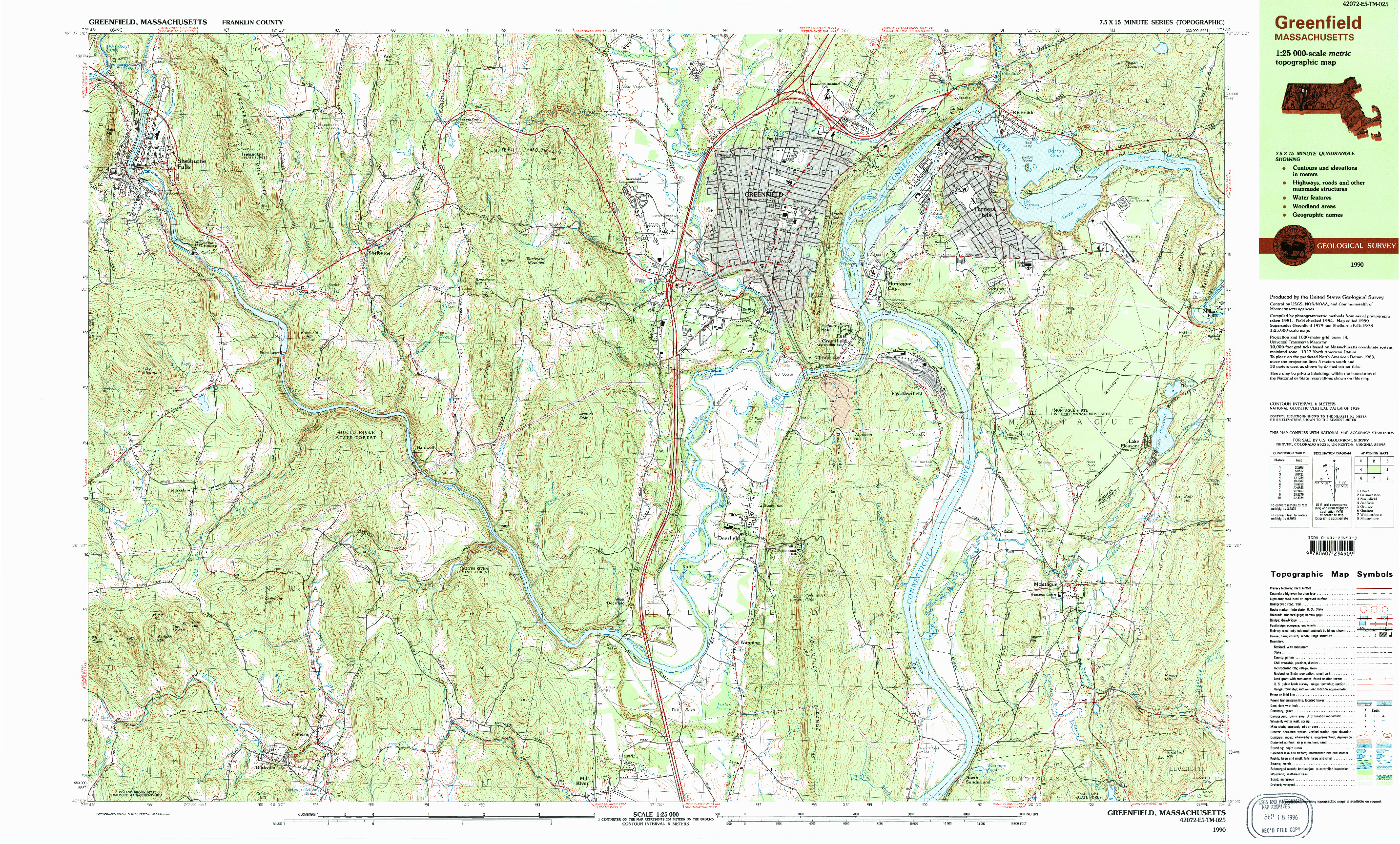 USGS 1:25000-SCALE QUADRANGLE FOR GREENFIELD, MA 1990