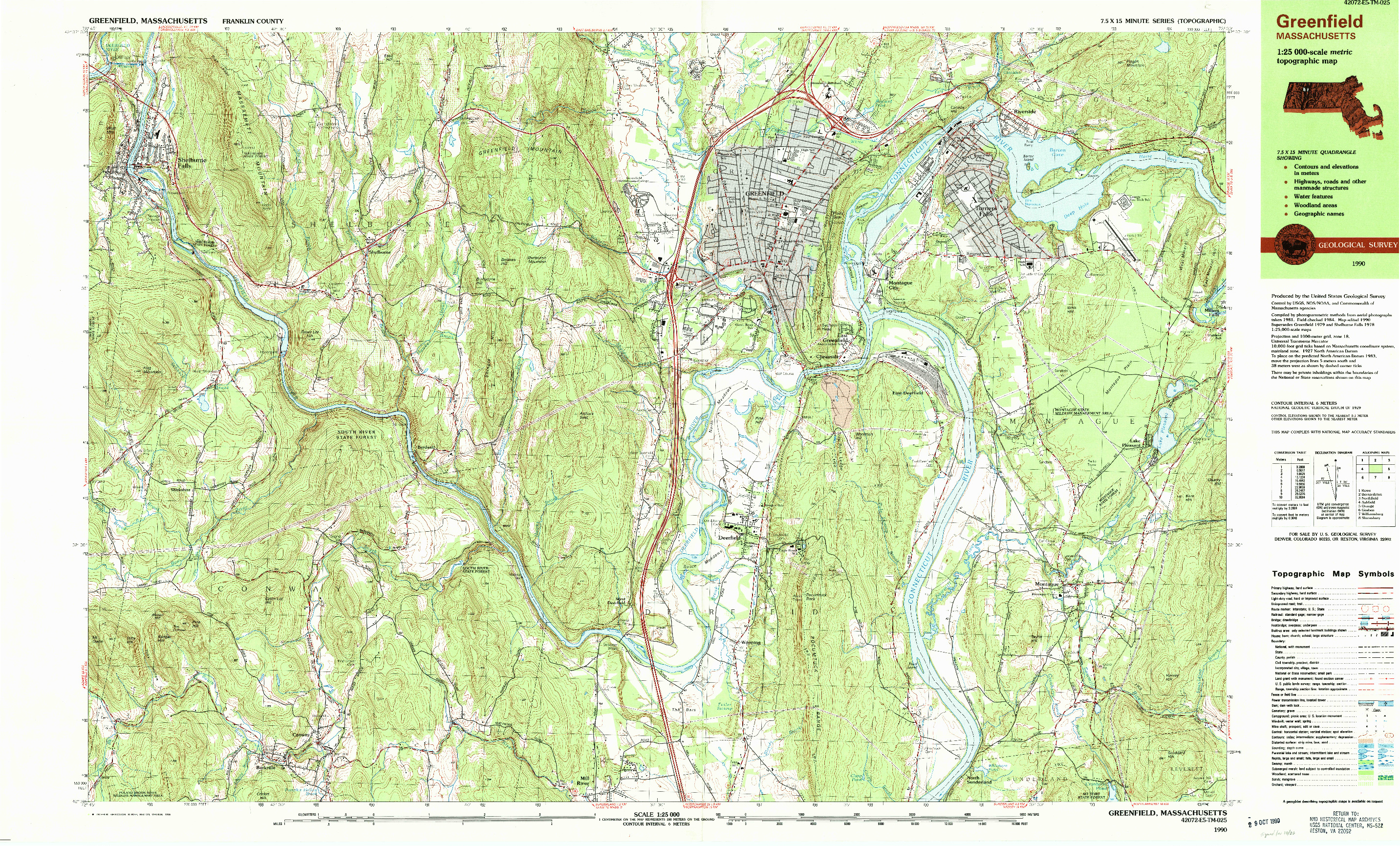 USGS 1:25000-SCALE QUADRANGLE FOR GREENFIELD, MA 1990