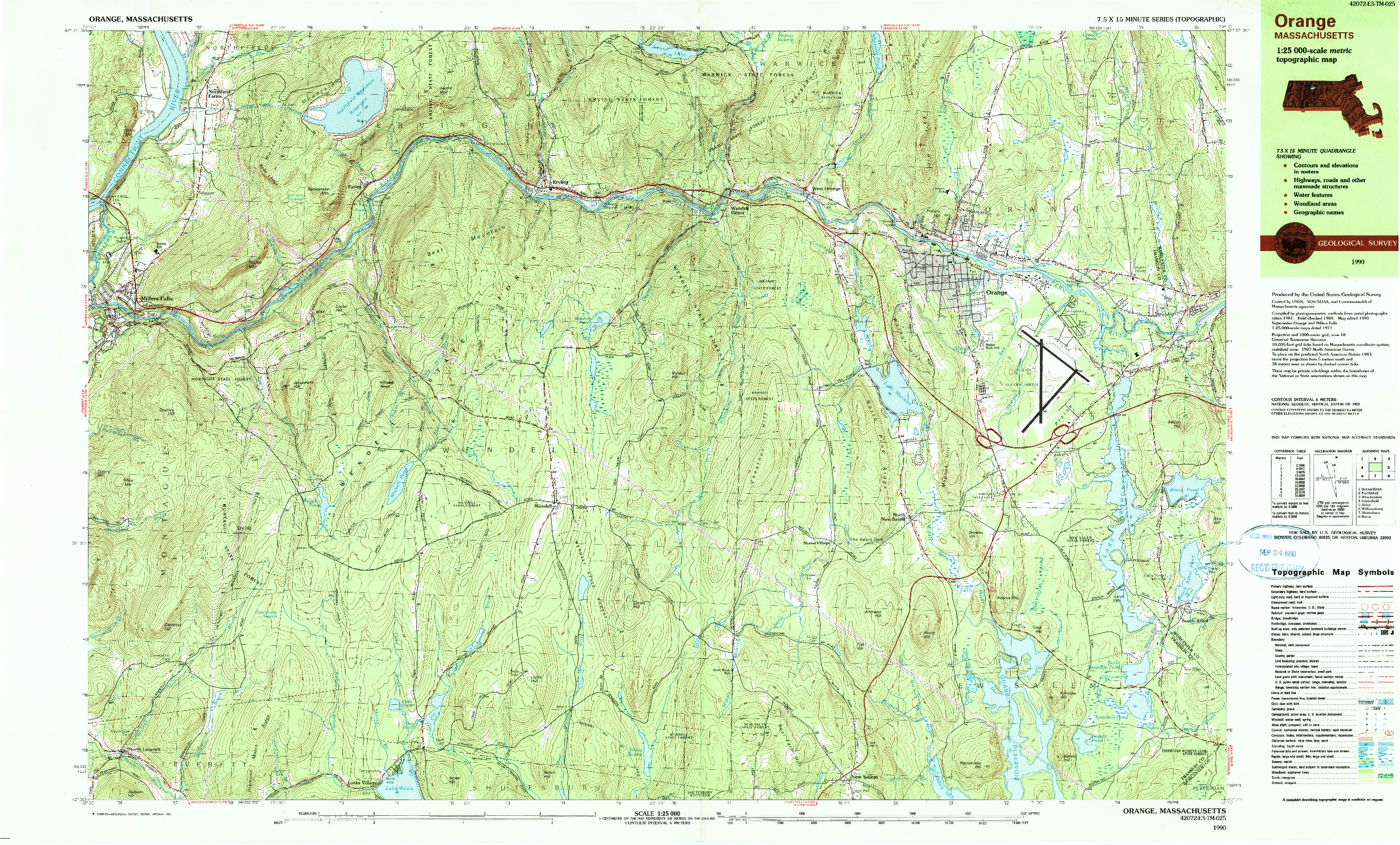 USGS 1:25000-SCALE QUADRANGLE FOR ORANGE, MA 1990