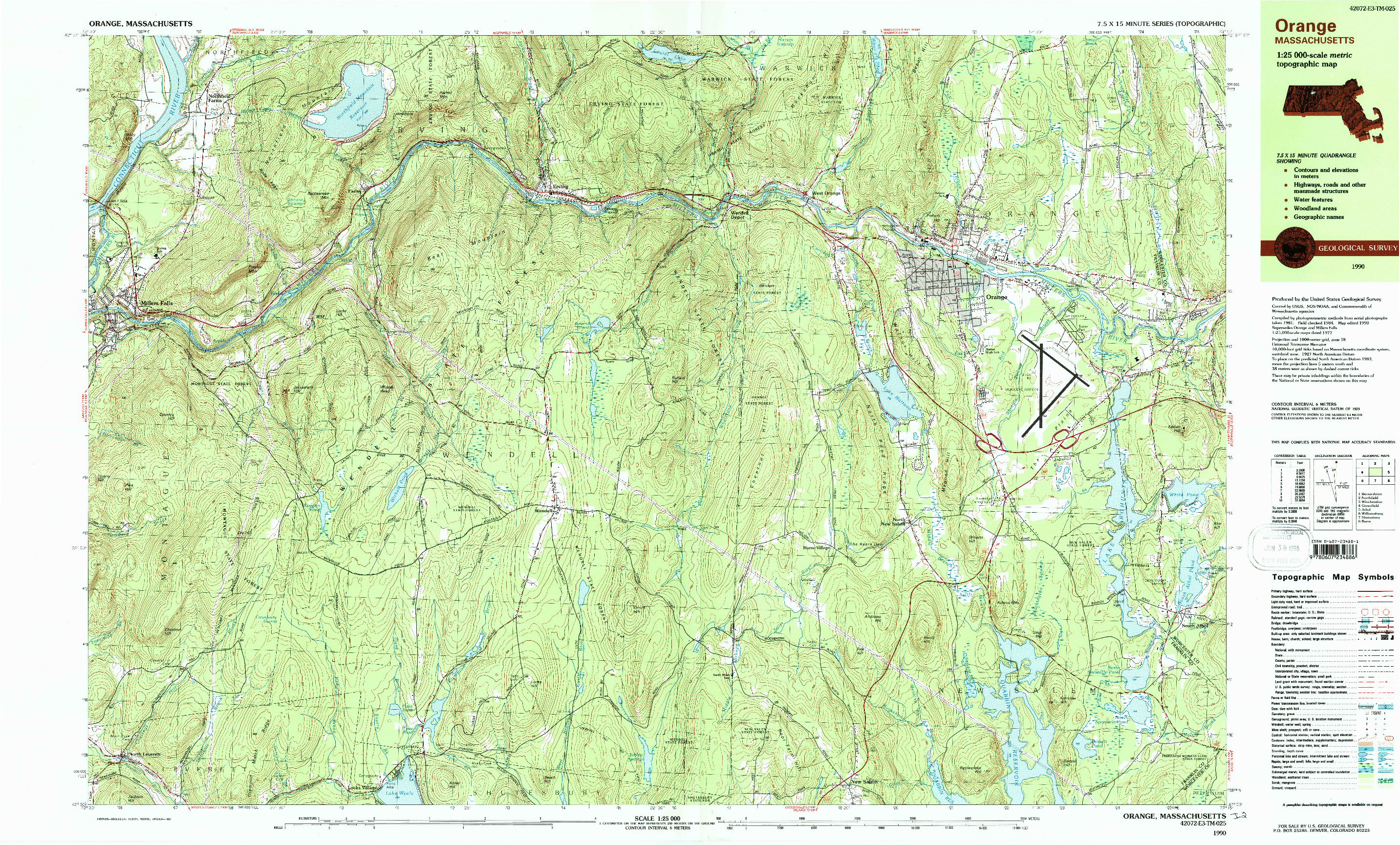 USGS 1:25000-SCALE QUADRANGLE FOR ORANGE, MA 1990