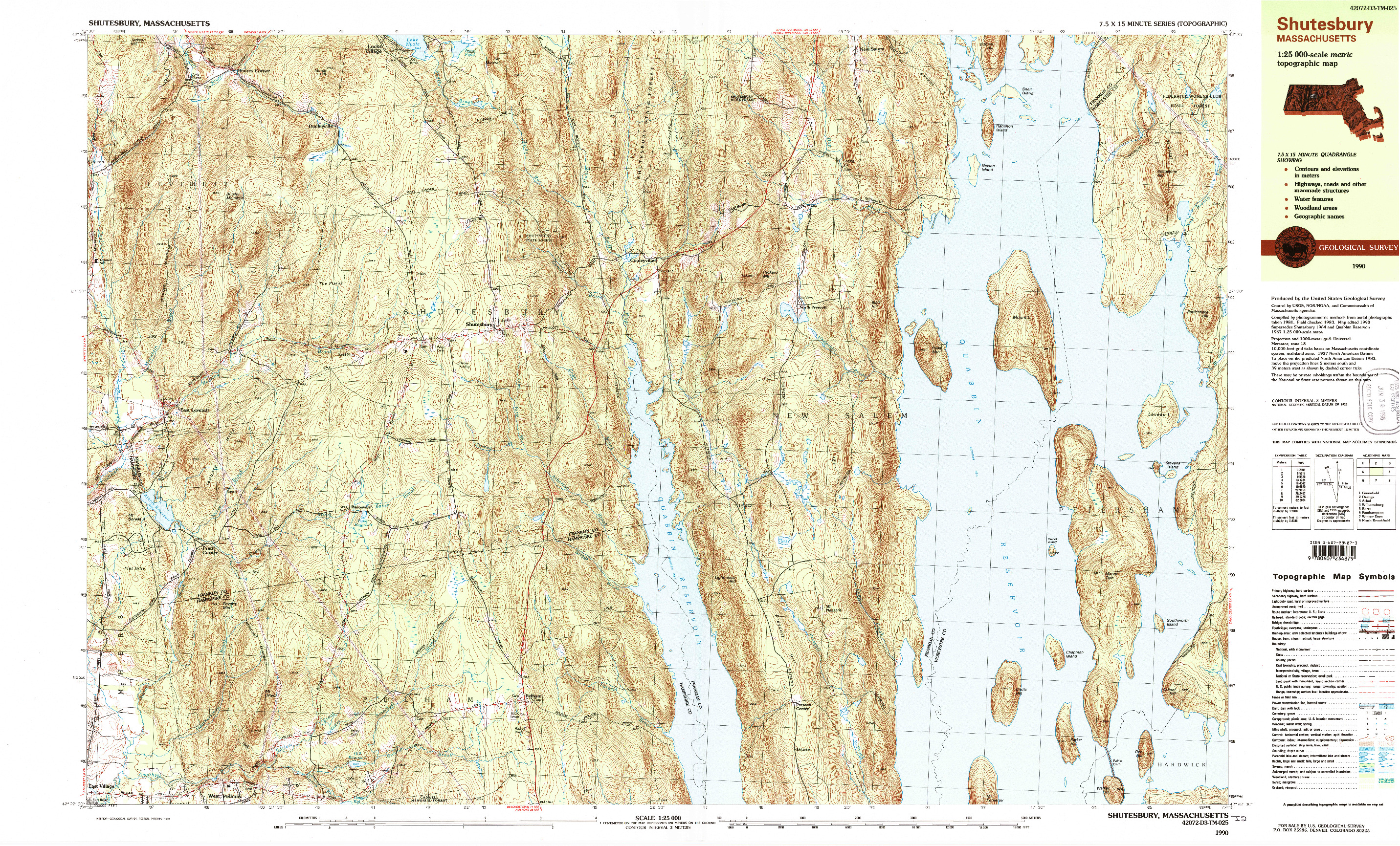 USGS 1:25000-SCALE QUADRANGLE FOR SHUTESBURY, MA 1990