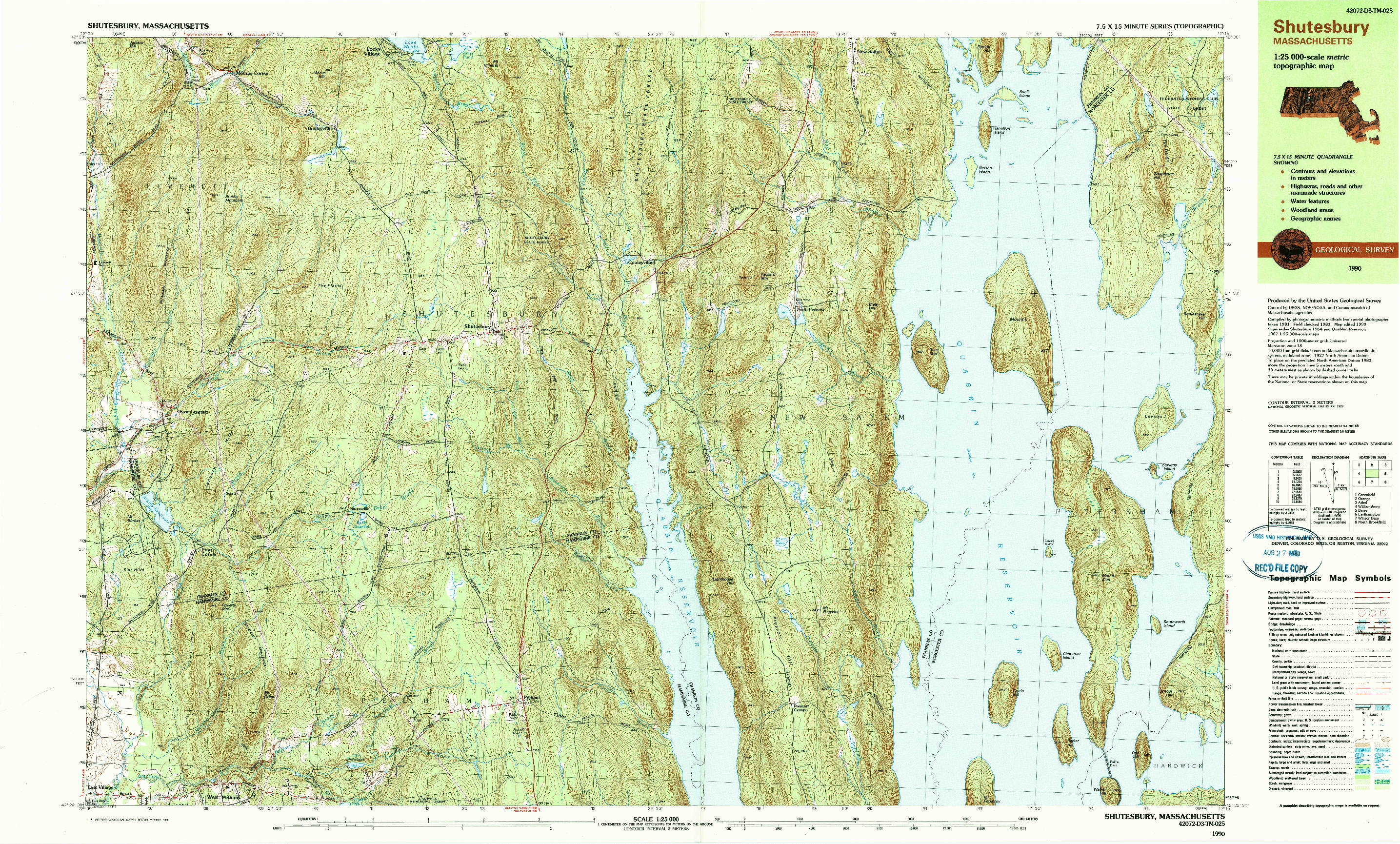 USGS 1:25000-SCALE QUADRANGLE FOR SHUTESBURY, MA 1990