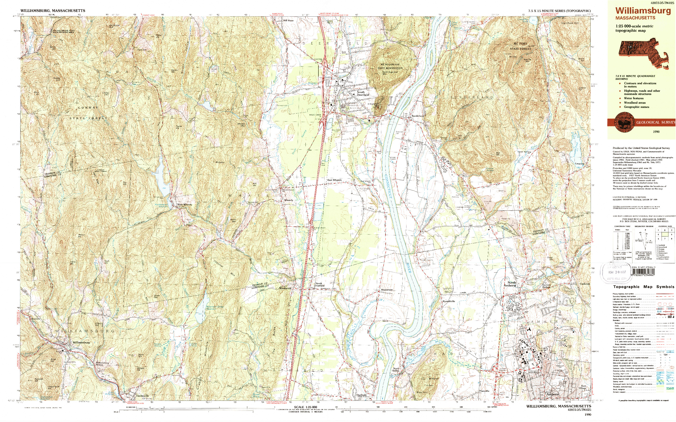USGS 1:25000-SCALE QUADRANGLE FOR WILLIAMSBURG, MA 1990