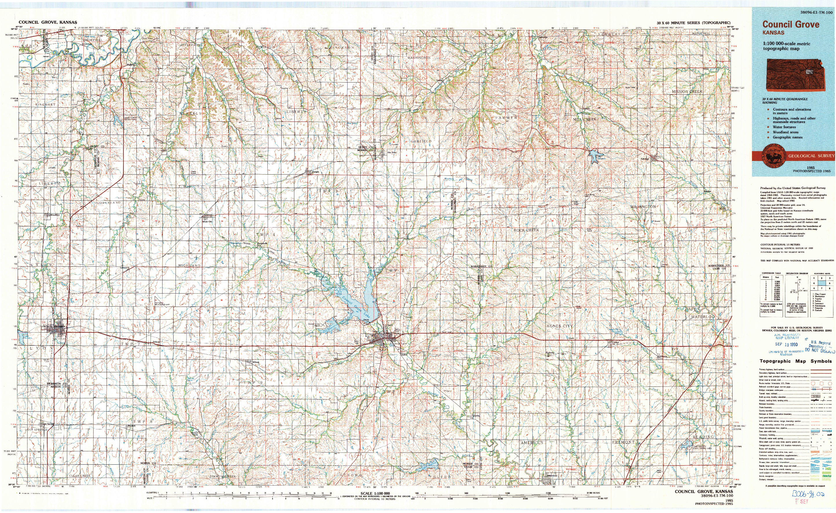 USGS 1:100000-SCALE QUADRANGLE FOR COUNCIL GROVE, KS 1985