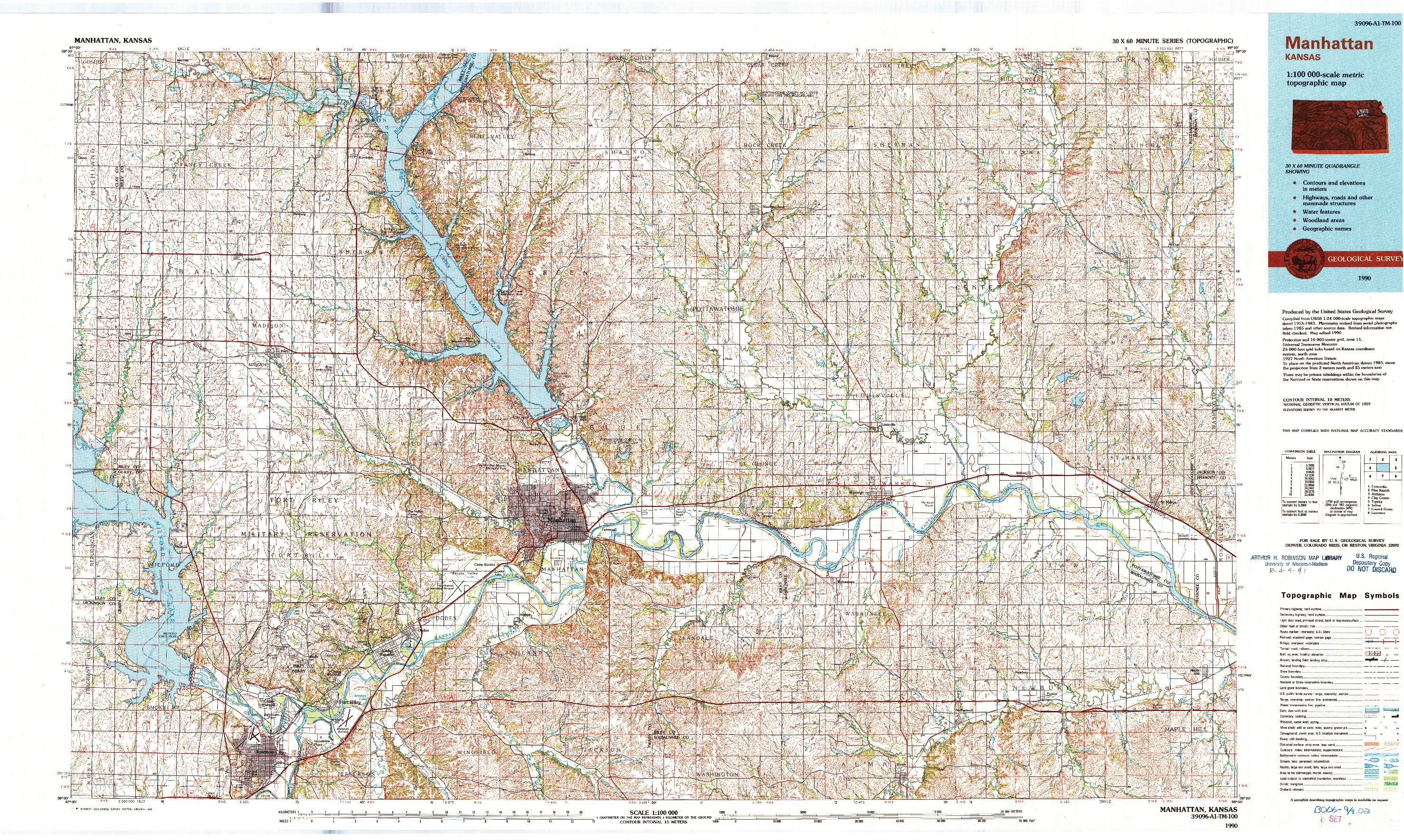 USGS 1:100000-SCALE QUADRANGLE FOR MANHATTAN, KS 1990