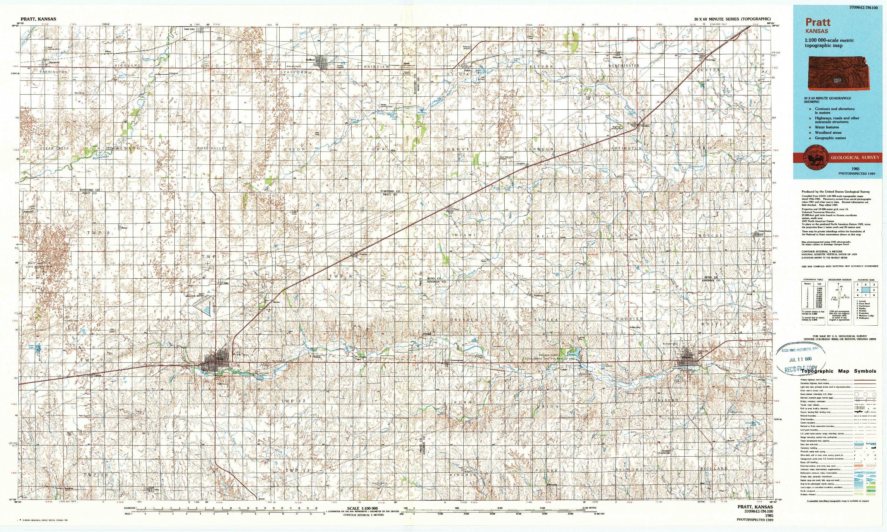 USGS 1:100000-SCALE QUADRANGLE FOR PRATT, KS 1985