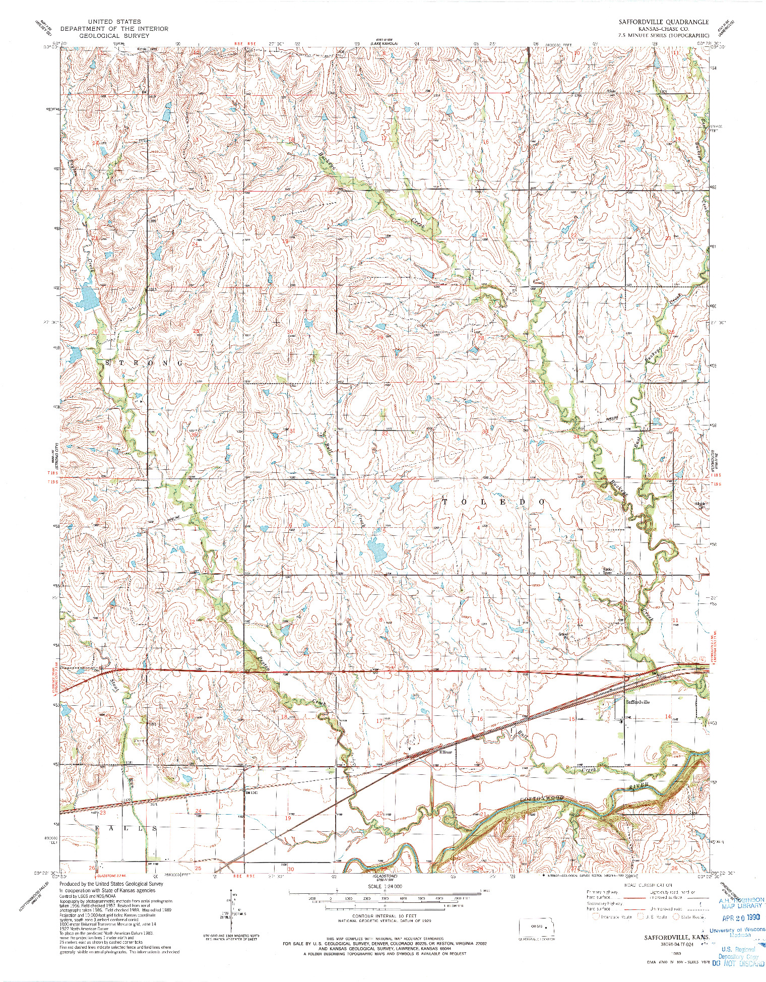 USGS 1:24000-SCALE QUADRANGLE FOR SAFFORDVILLE, KS 1989
