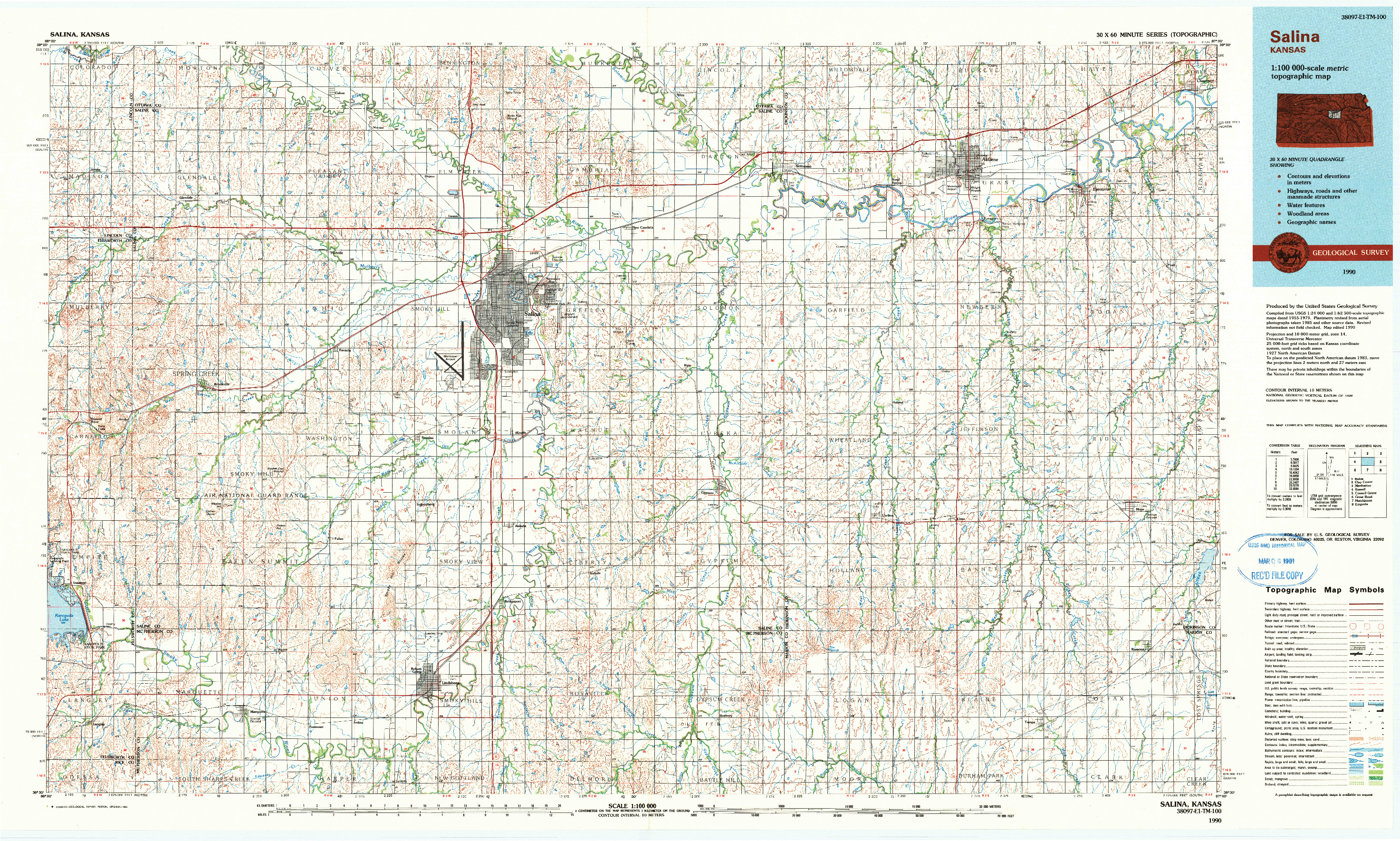 USGS 1:100000-SCALE QUADRANGLE FOR SALINA, KS 1990