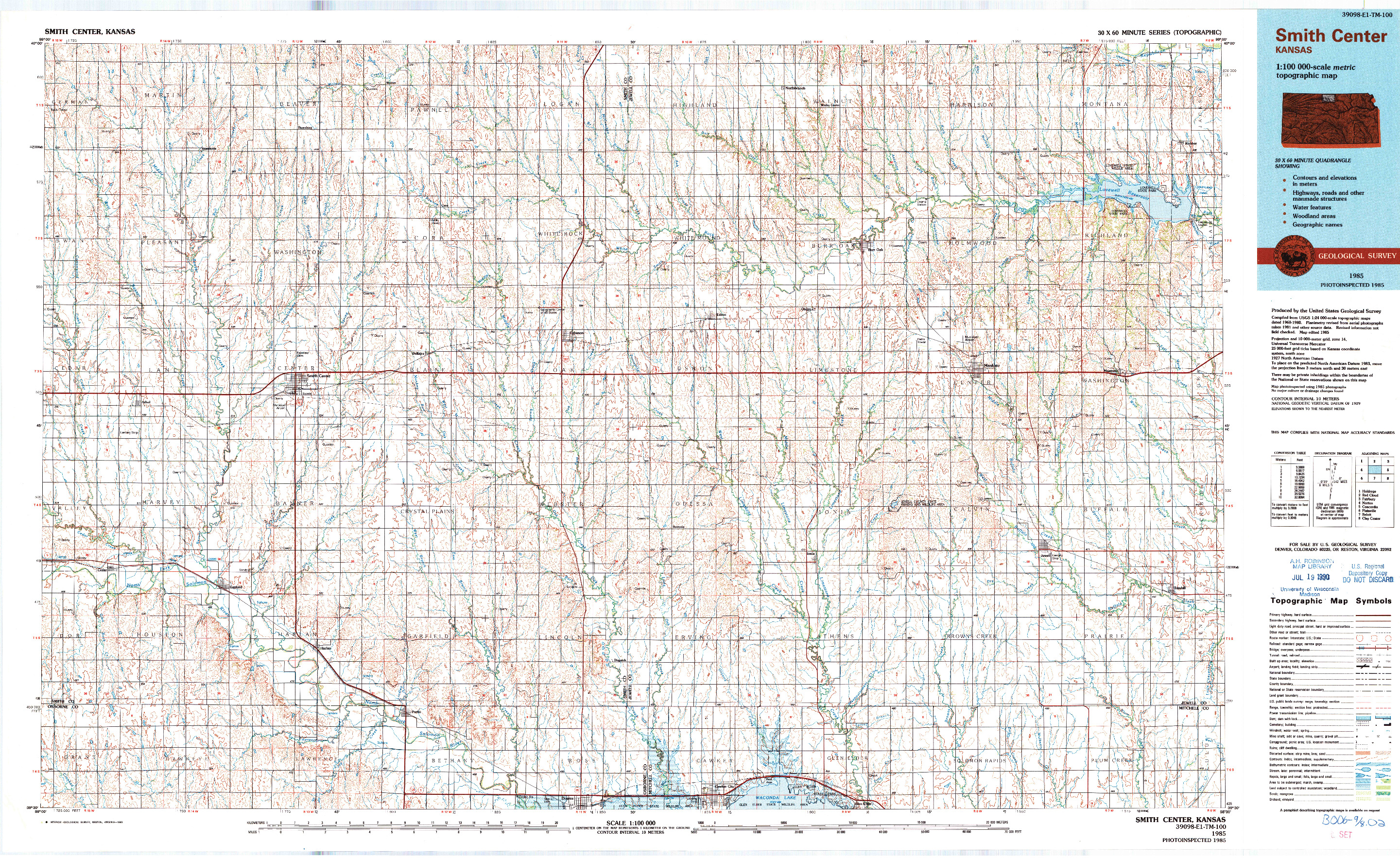 USGS 1:100000-SCALE QUADRANGLE FOR SMITH CENTER, KS 1985
