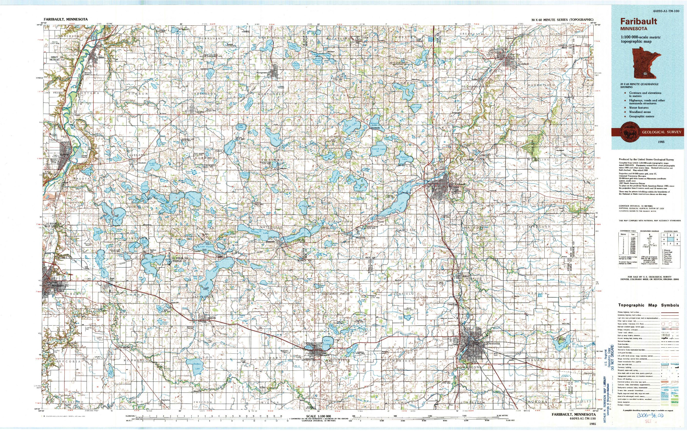 USGS 1:100000-SCALE QUADRANGLE FOR FARIBAULT, MN 1985