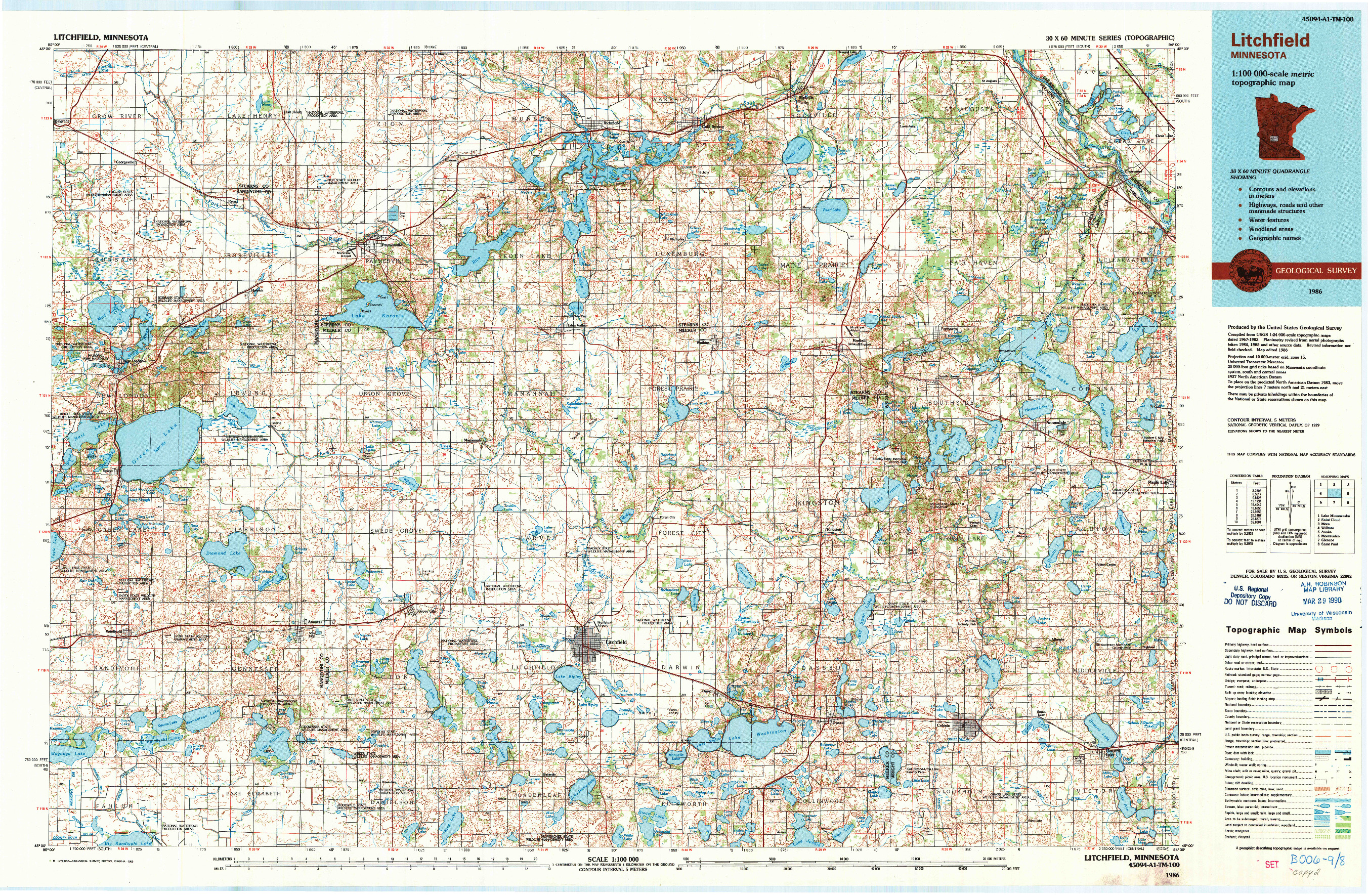 USGS 1:100000-SCALE QUADRANGLE FOR LITCHFIELD, MN 1986