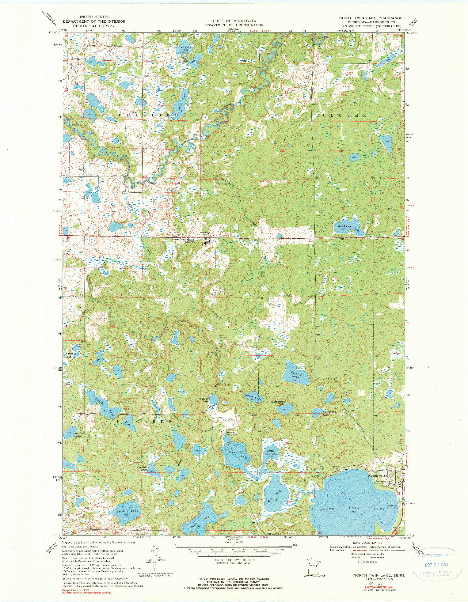 USGS 1:24000-SCALE QUADRANGLE FOR NORTH TWIN LAKE, MN 1969