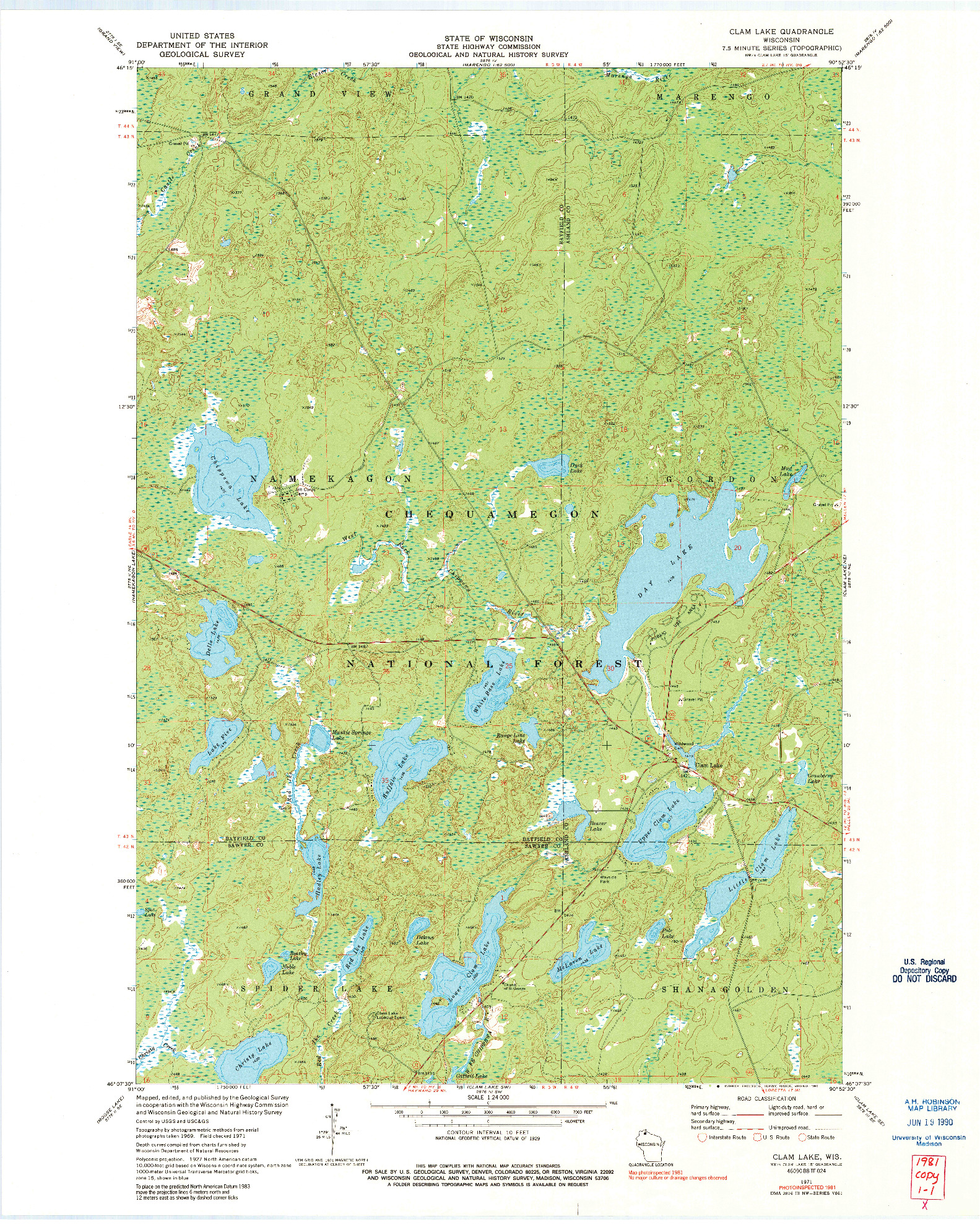 USGS 1:24000-SCALE QUADRANGLE FOR CLAM LAKE, WI 1971