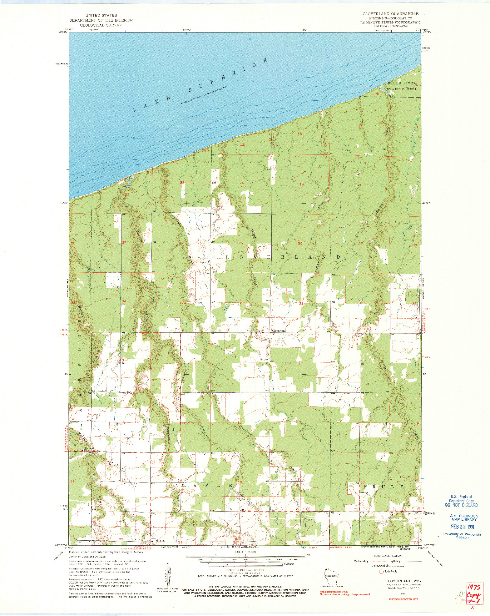USGS 1:24000-SCALE QUADRANGLE FOR CLOVERLAND, WI 1961