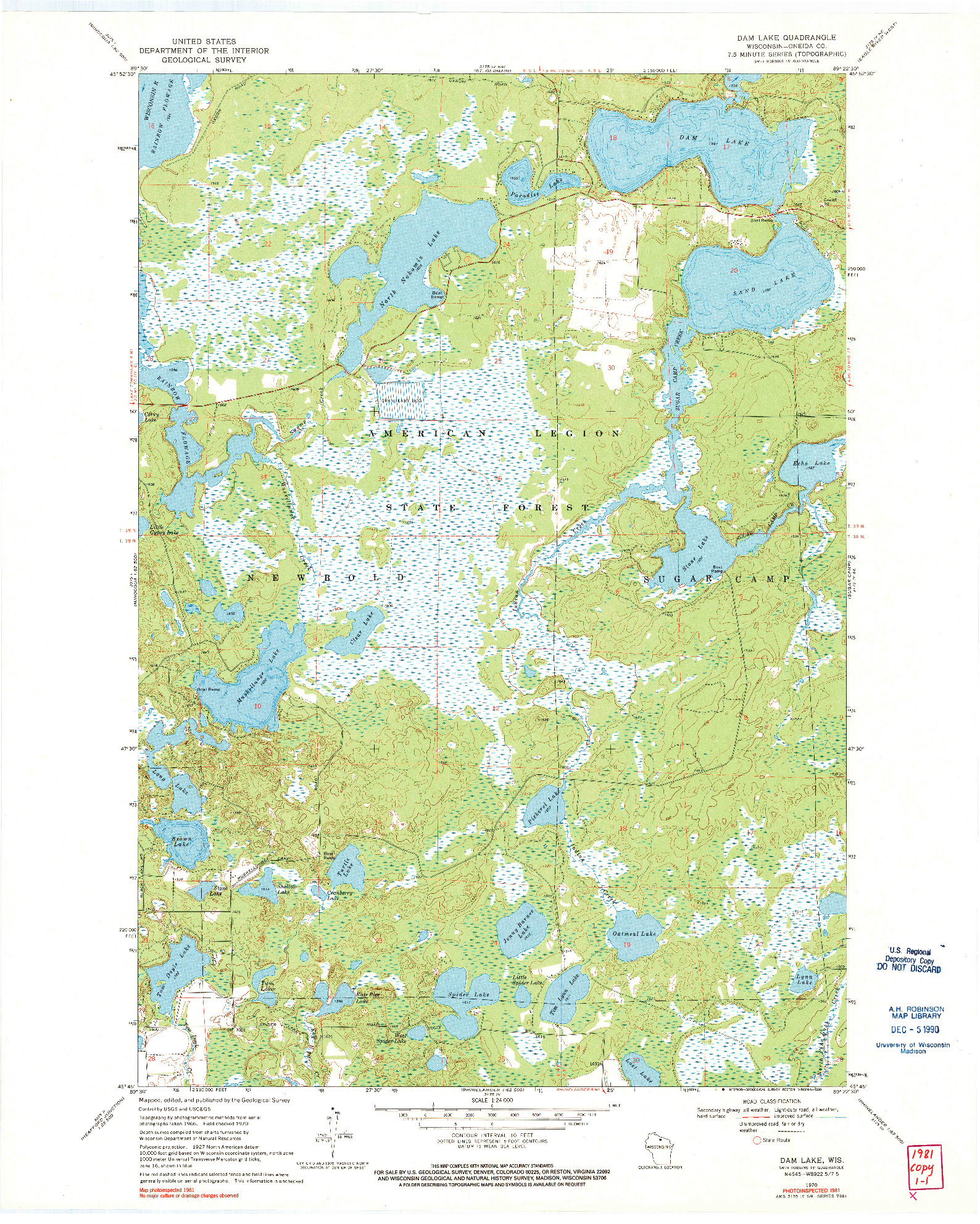 USGS 1:24000-SCALE QUADRANGLE FOR DAM LAKE, WI 1970