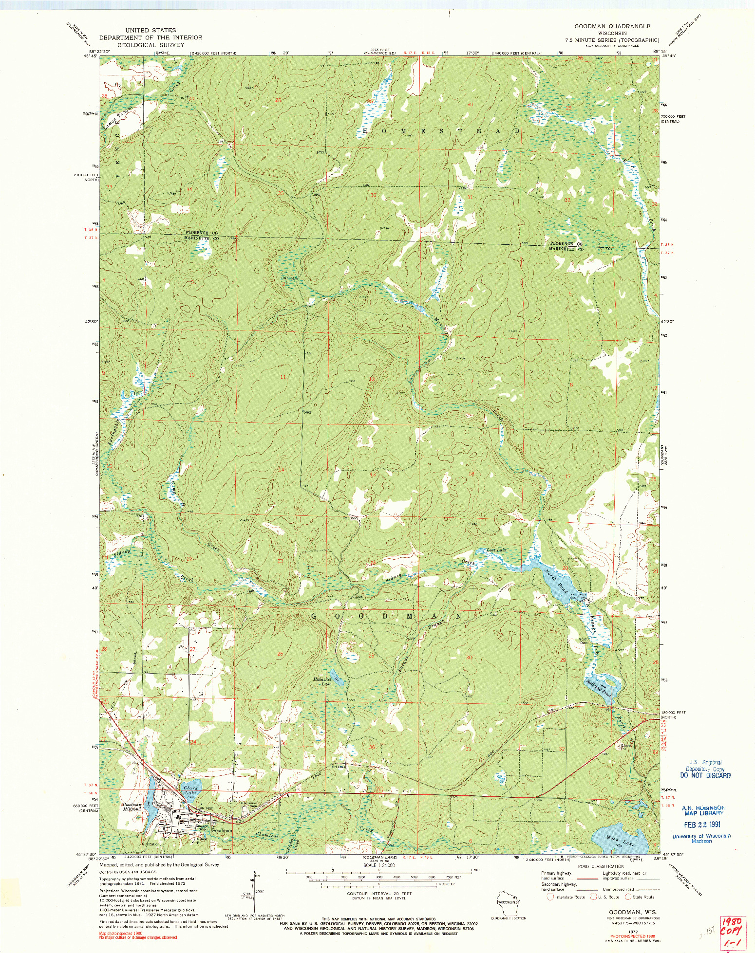 USGS 1:24000-SCALE QUADRANGLE FOR GOODMAN, WI 1972