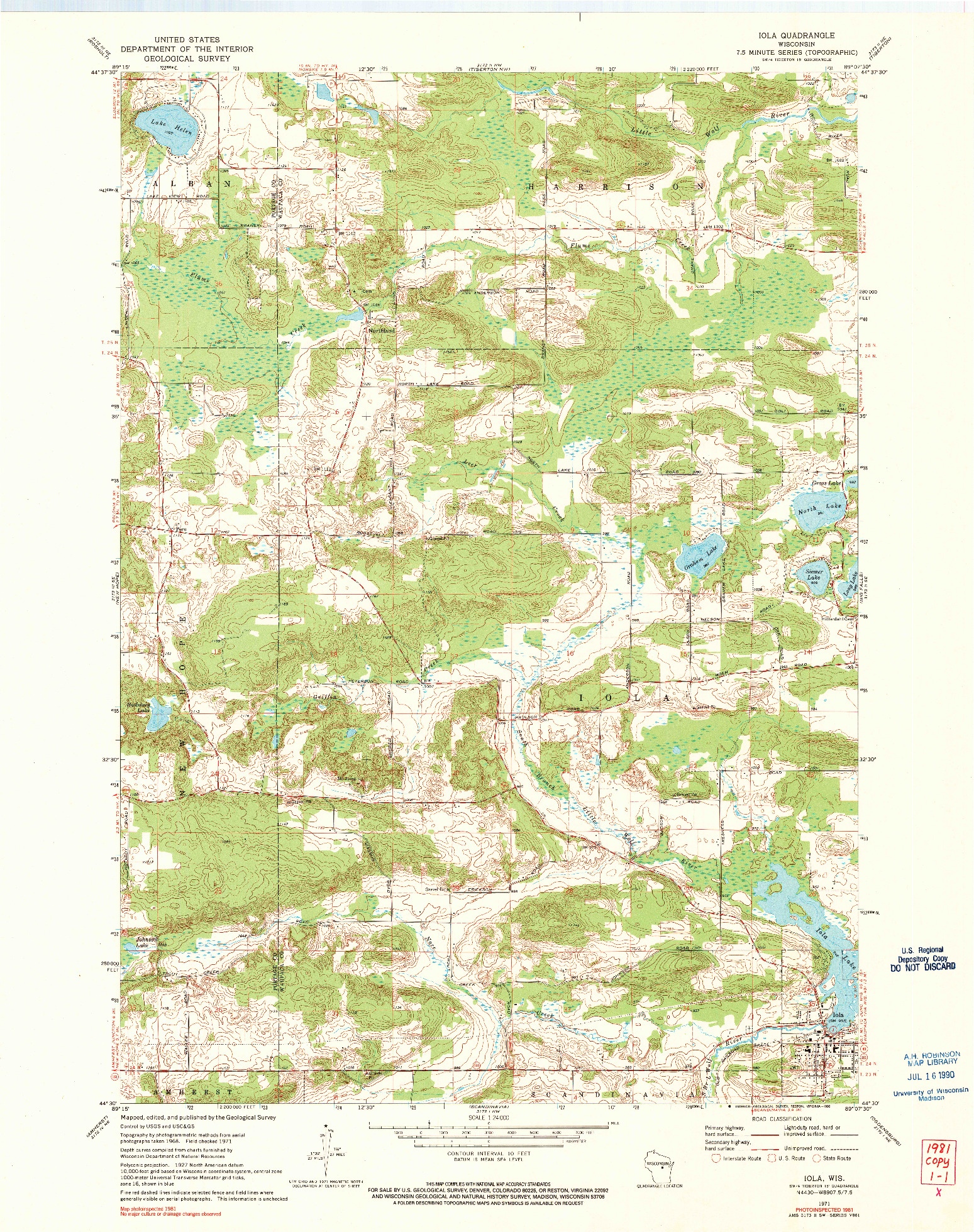 USGS 1:24000-SCALE QUADRANGLE FOR IOLA, WI 1971