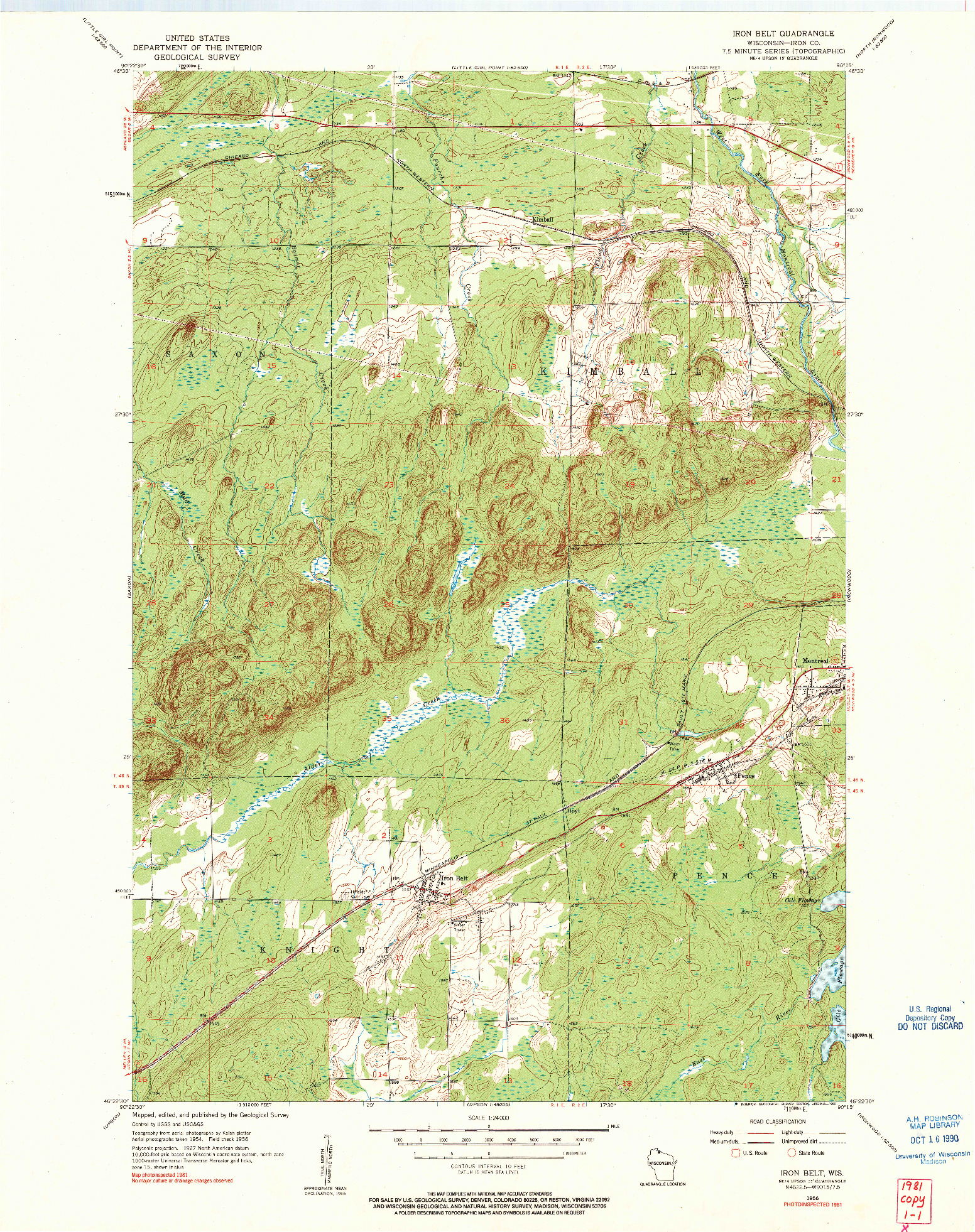 USGS 1:24000-SCALE QUADRANGLE FOR IRON BELT, WI 1956