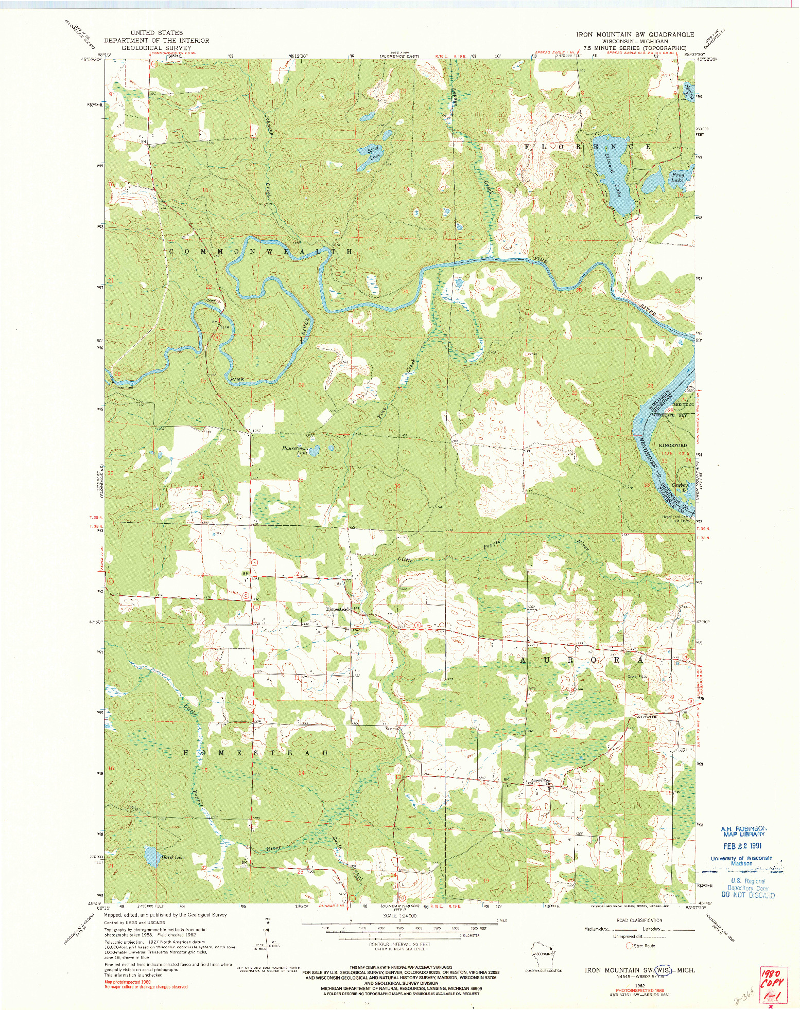 USGS 1:24000-SCALE QUADRANGLE FOR IRON MOUNTAIN SW, WI 1962