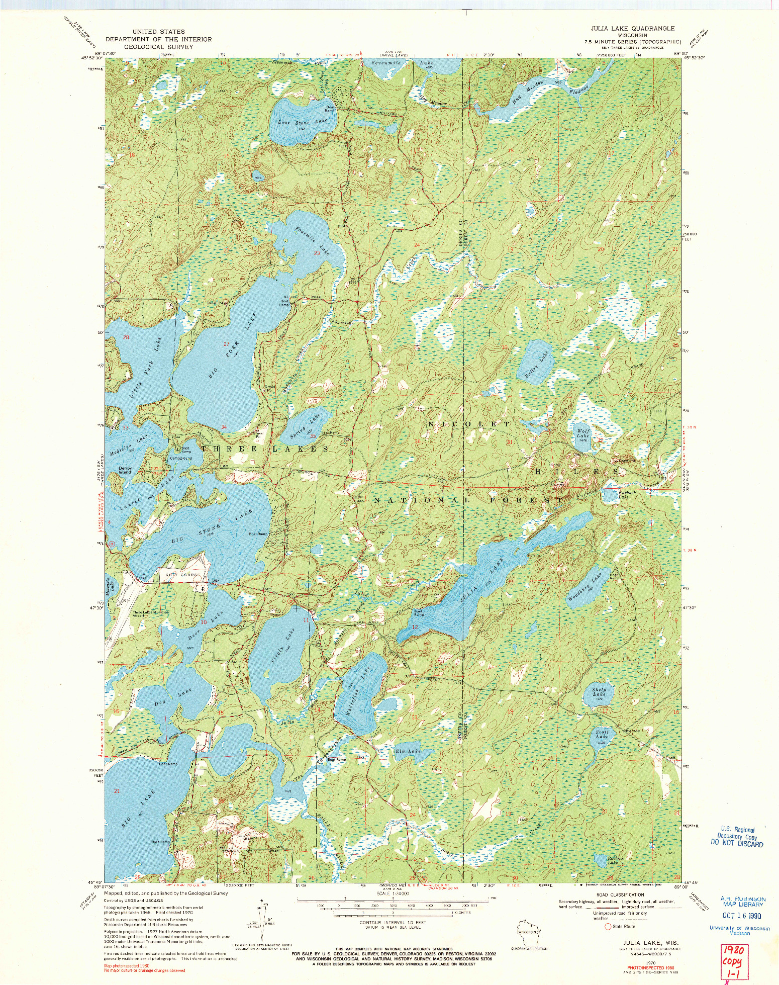 USGS 1:24000-SCALE QUADRANGLE FOR JULIA LAKE, WI 1970