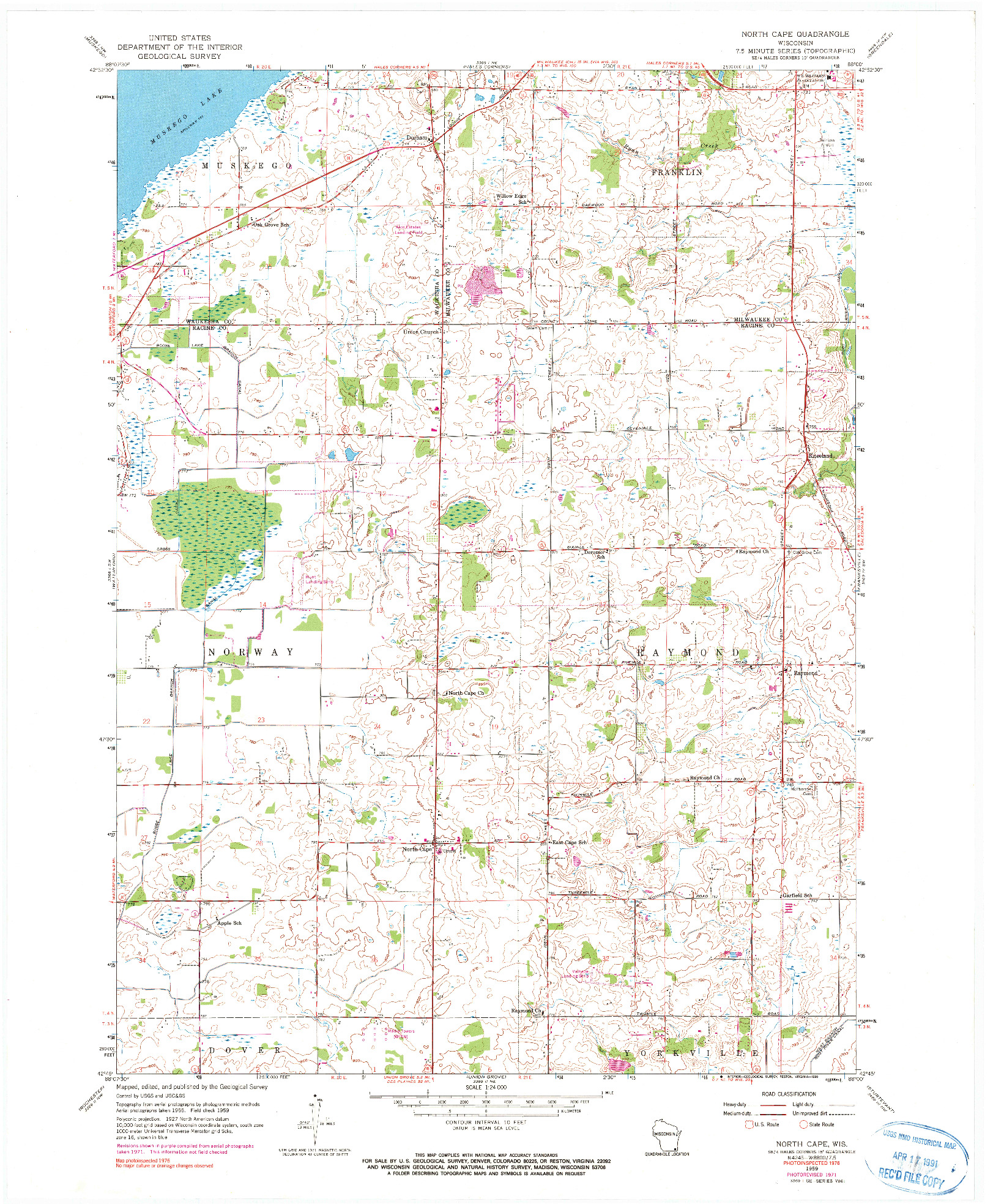 USGS 1:24000-SCALE QUADRANGLE FOR NORTH CAPE, WI 1959