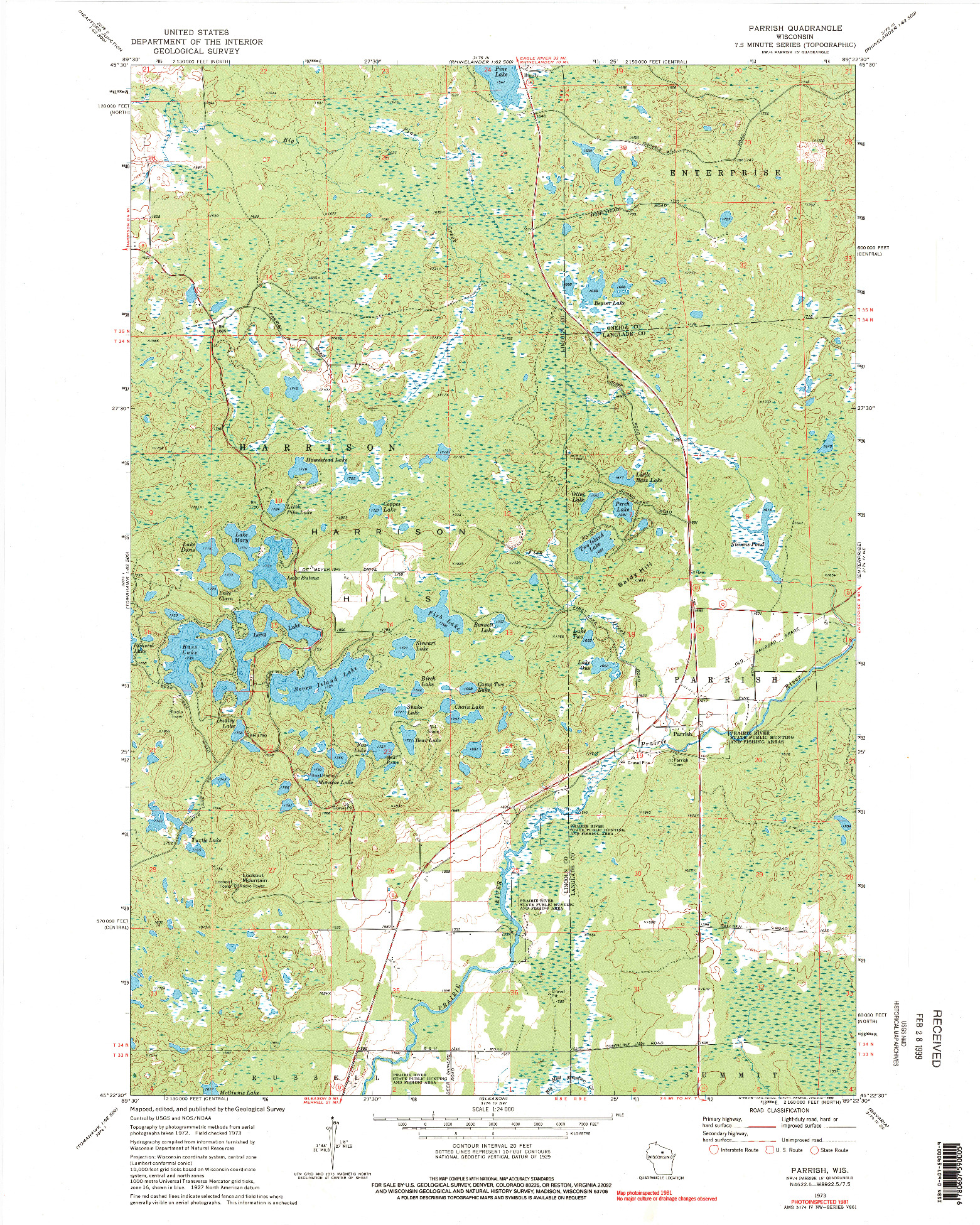 USGS 1:24000-SCALE QUADRANGLE FOR PARRISH, WI 1973