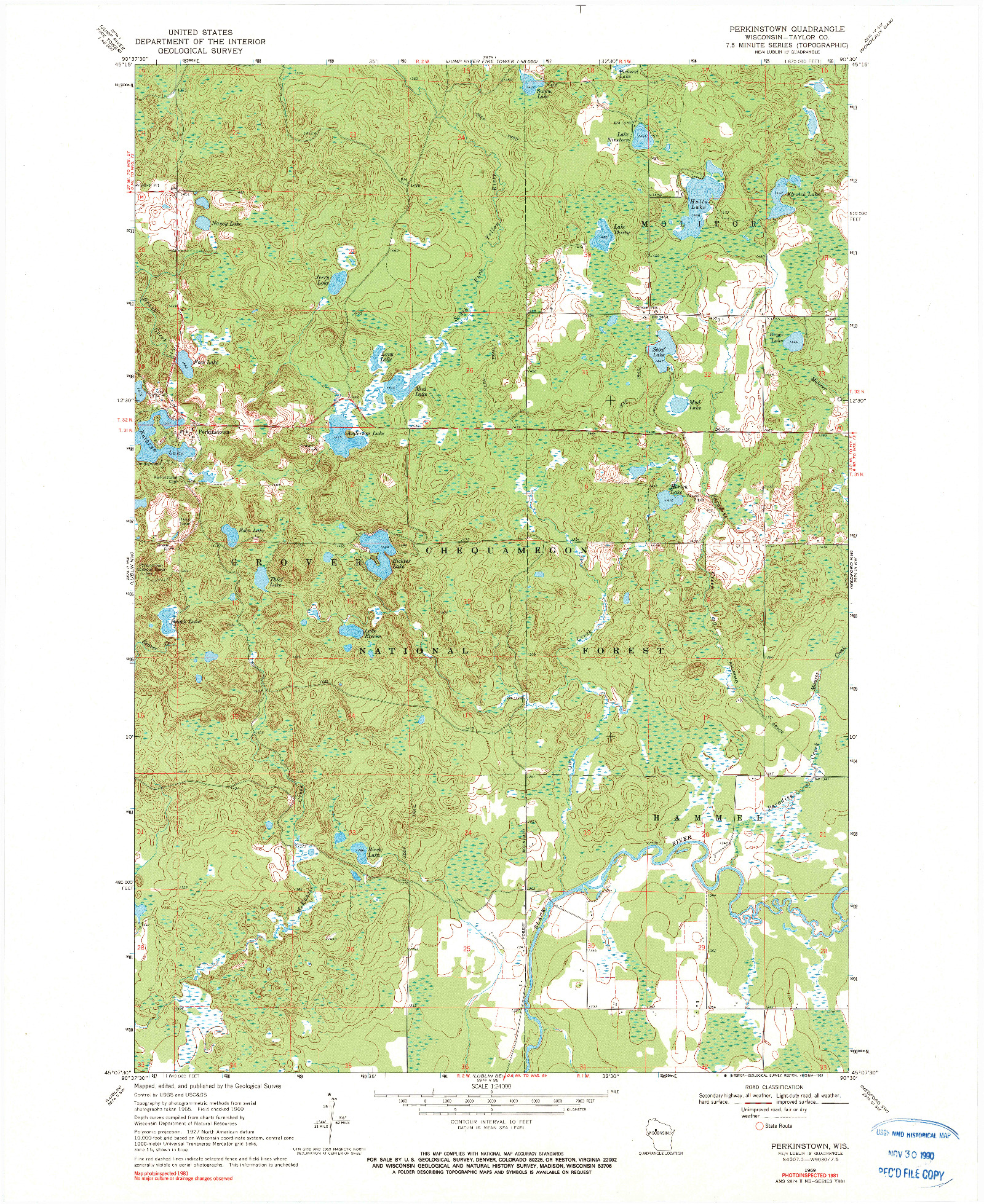 USGS 1:24000-SCALE QUADRANGLE FOR PERKINSTOWN, WI 1969