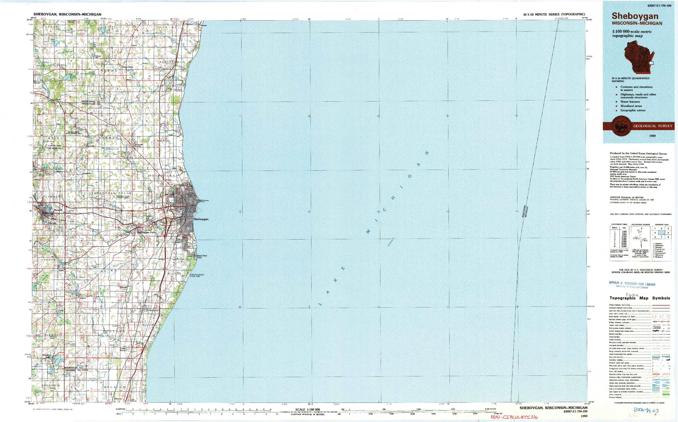 USGS 1:100000-SCALE QUADRANGLE FOR SHEBOYGAN, WI 1989