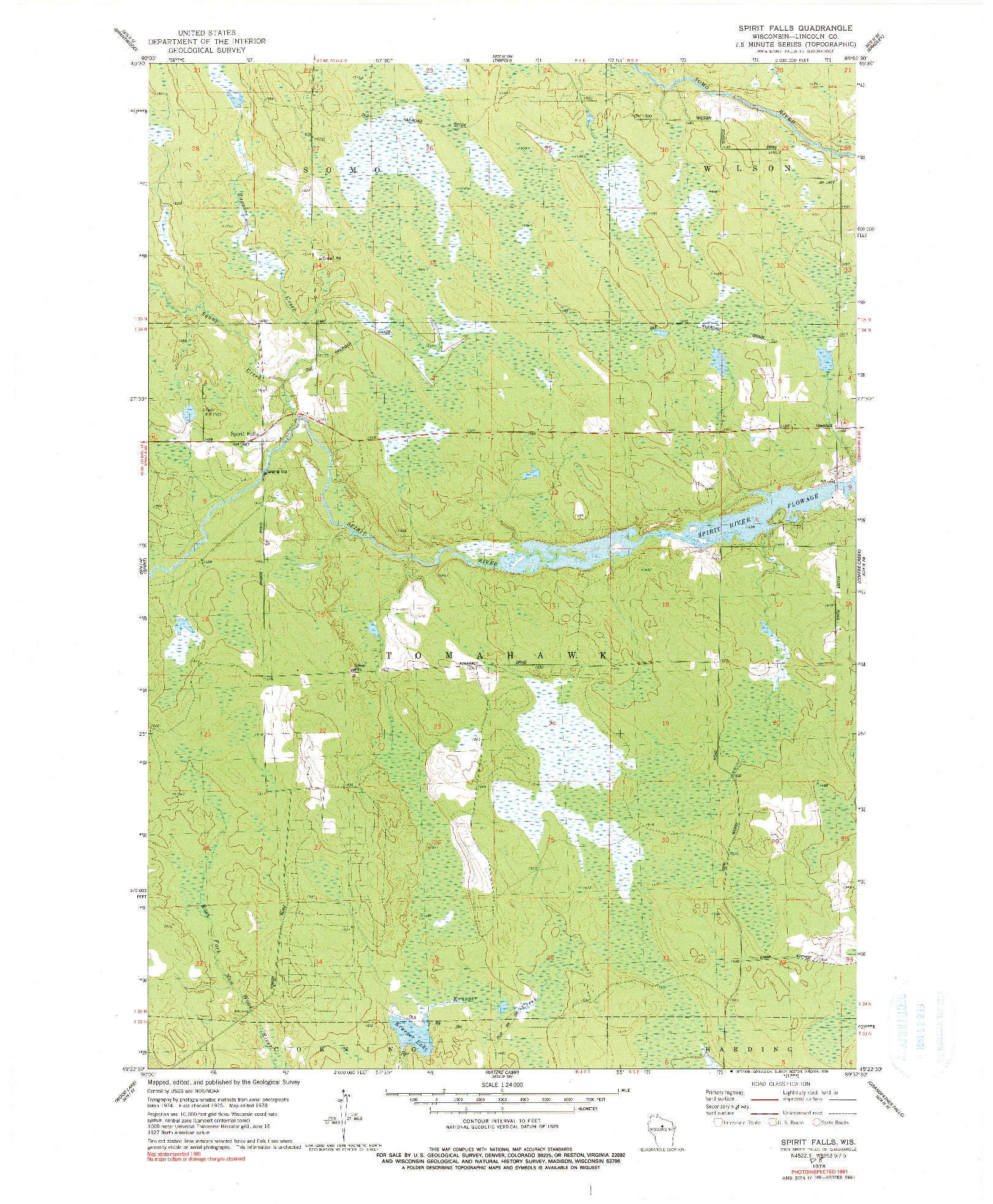USGS 1:24000-SCALE QUADRANGLE FOR SPIRIT FALLS, WI 1978
