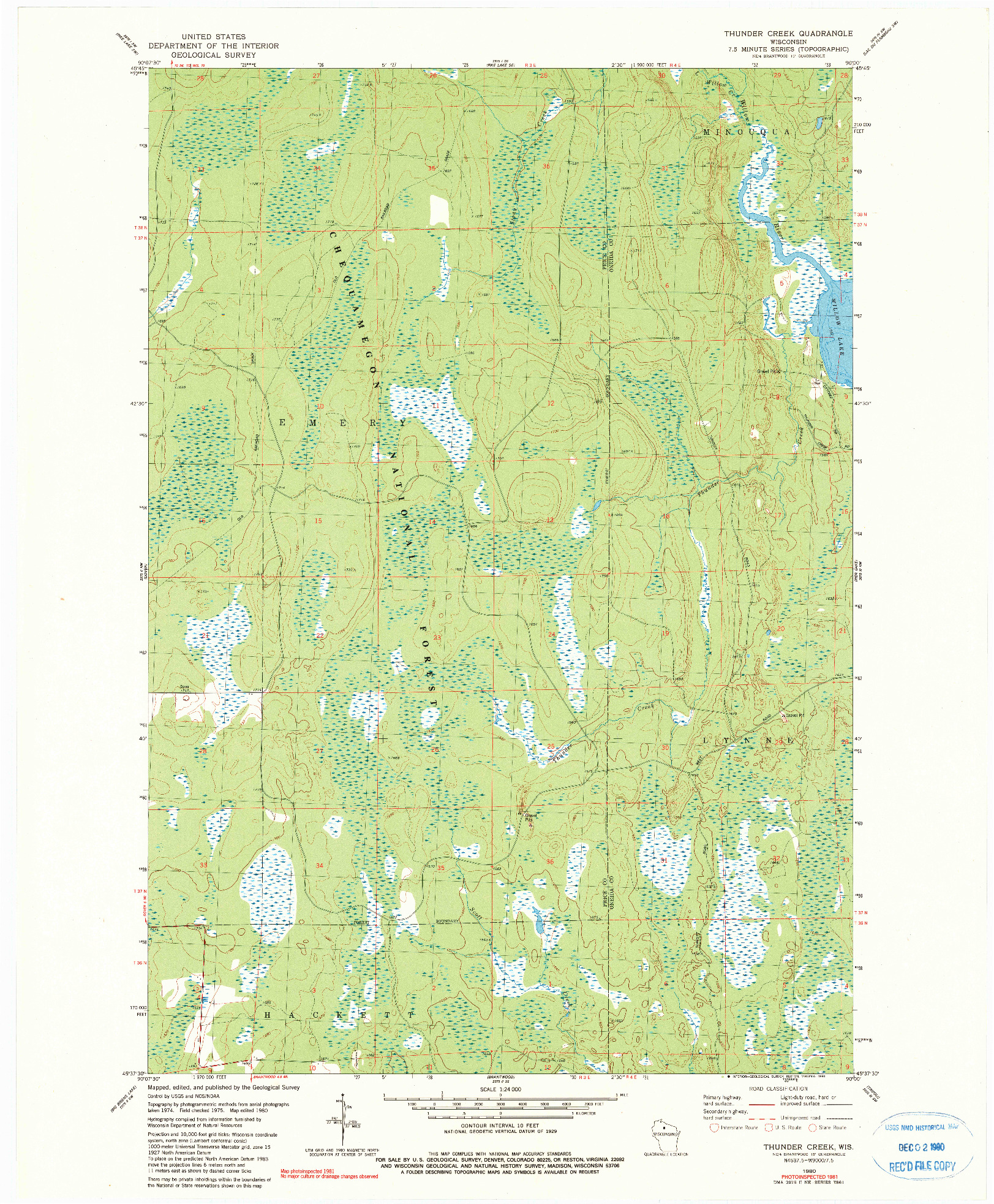 USGS 1:24000-SCALE QUADRANGLE FOR THUNDER CREEK, WI 1980