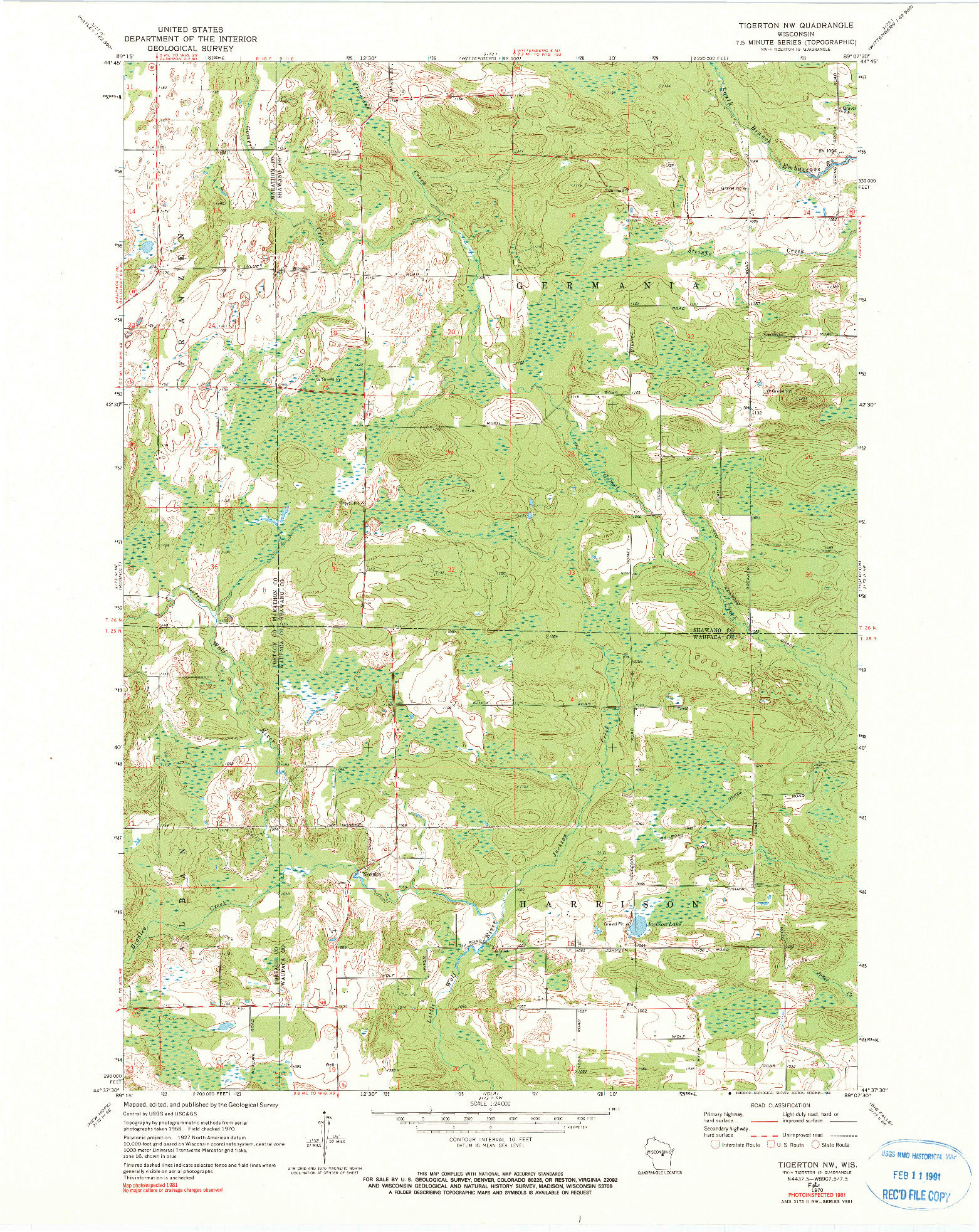 USGS 1:24000-SCALE QUADRANGLE FOR TIGERTON NW, WI 1970