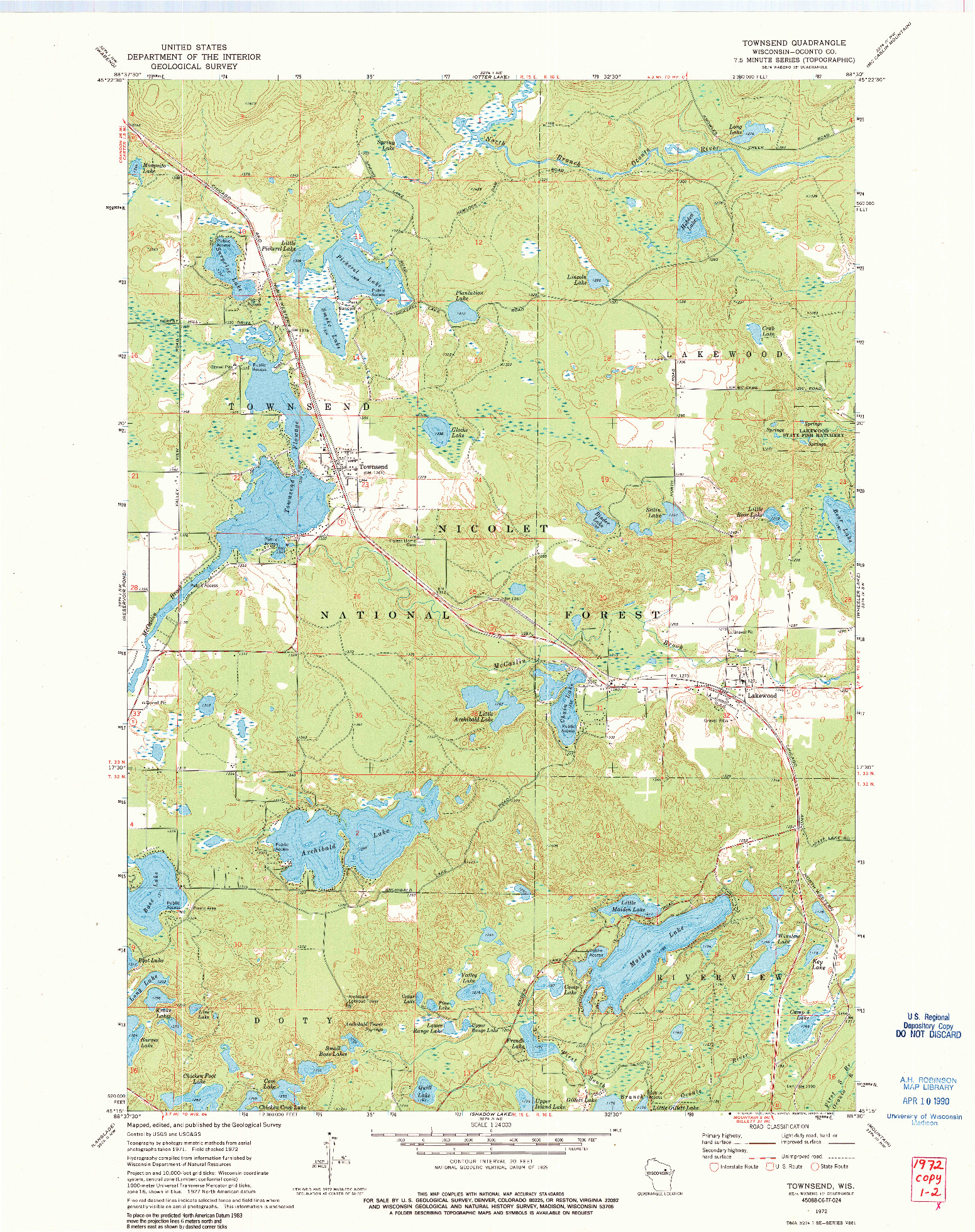 USGS 1:24000-SCALE QUADRANGLE FOR TOWNSEND, WI 1972