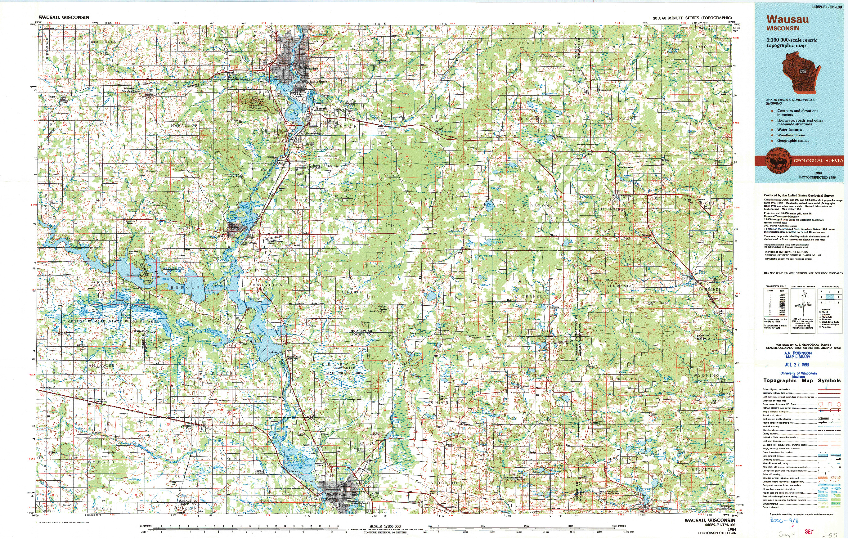 USGS 1:100000-SCALE QUADRANGLE FOR WAUSAU, WI 1984