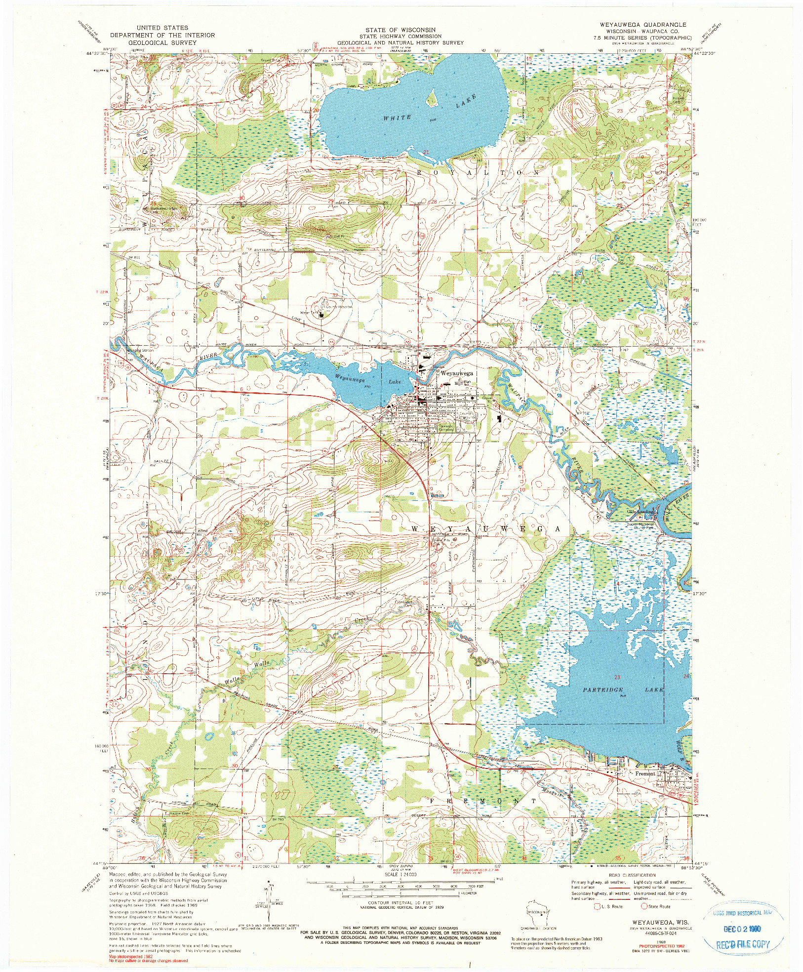 USGS 1:24000-SCALE QUADRANGLE FOR WEYAUWEGA, WI 1969